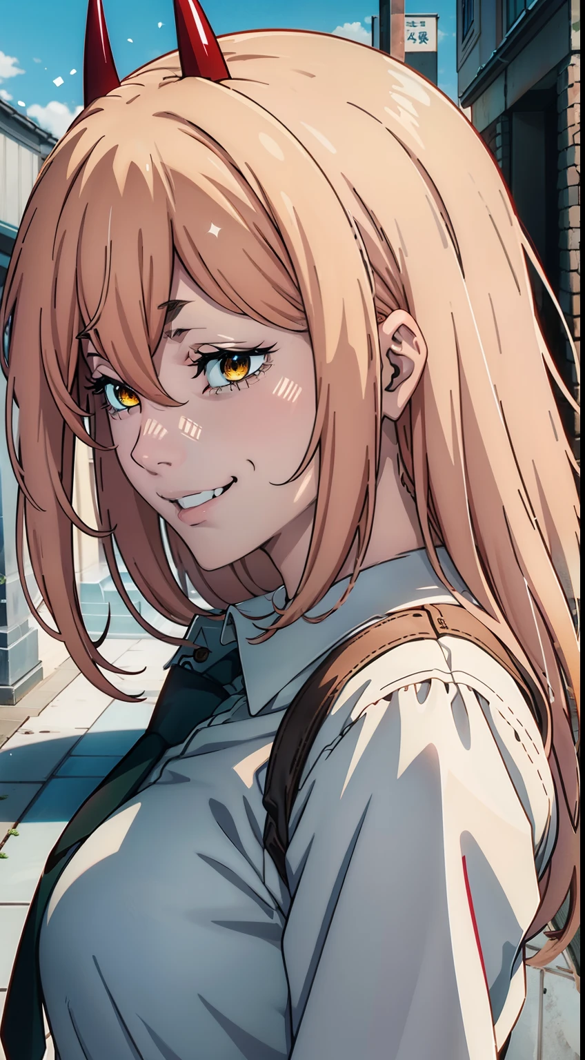 Crazy laughter, laughting, smilling, blonde, Pink_Hair, dangerous,vivid eyes,Yellow eyes, Odin, roof, Mesmerizing eyes,Confident,superior, naughty, LAUGHTER BREAK (power \(chainsaw man\),), back light, glowing eyes, an artistic, wallpapers, black necktie, (Sensual),Happy, BREAK Intimate, Digital Art, High Details, contemporary, Intricate, (a perfect face), Traced lights, BREAK superior,Cinematic, absurdes, white shirt, City, red horns, Energy from a chainsaw, Red horns on the head, Anime girl with a smile, detailed digital anime art, Cool anime 8K, Clean and detailed anime art, Gouveyz on Pixiv ArtStation, 4K Manga Wallpapers, Guweiz in Artstation Pixiv, Подробный портрет Anime Girl, Anime 4K Style, Anime Art Wallpapers 4K, Anime Art Wallpaper 4K Masterpiece, Gorgeous, Best Quality,