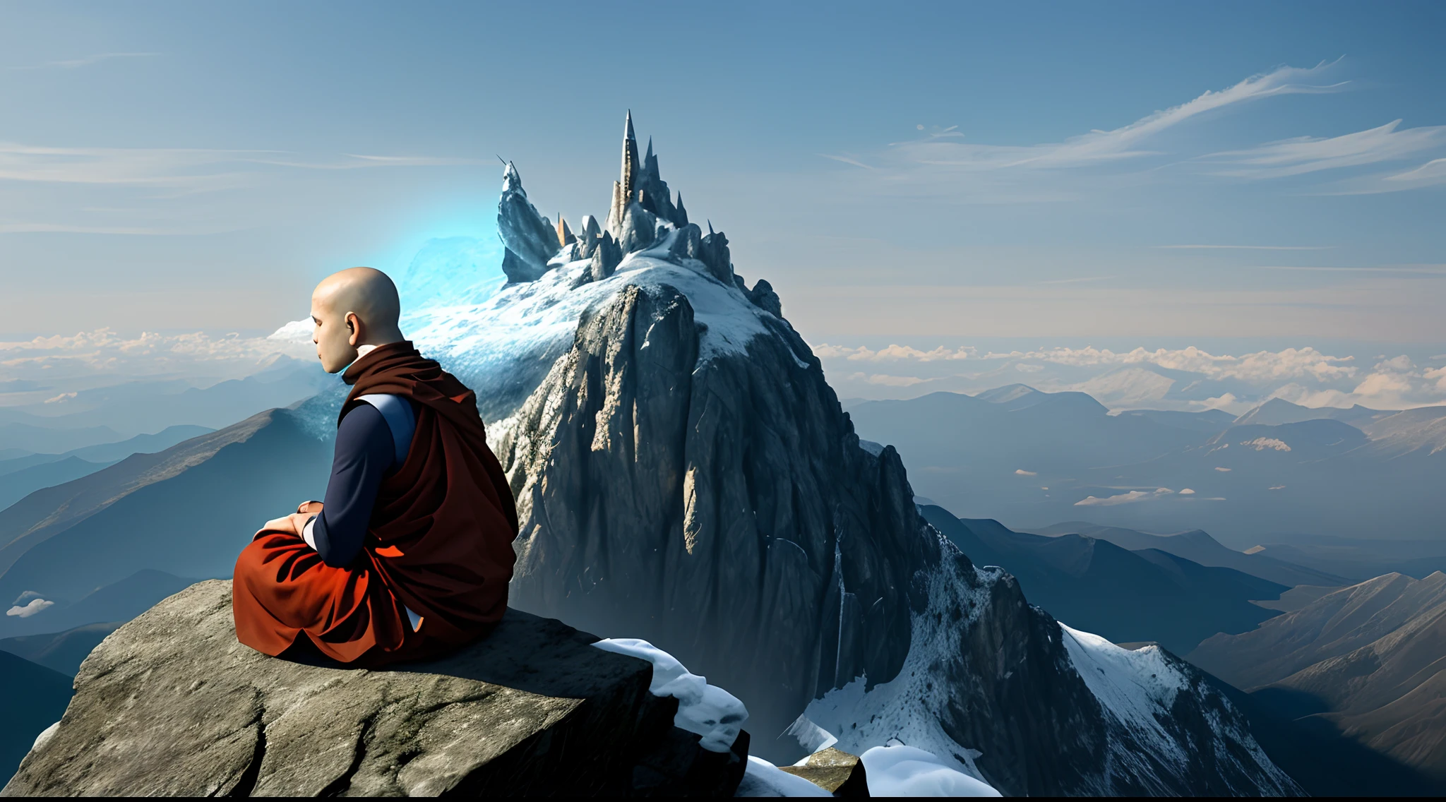 The former monk meditates on the top of the mountain,behind the monk, Ultra photo realsisim