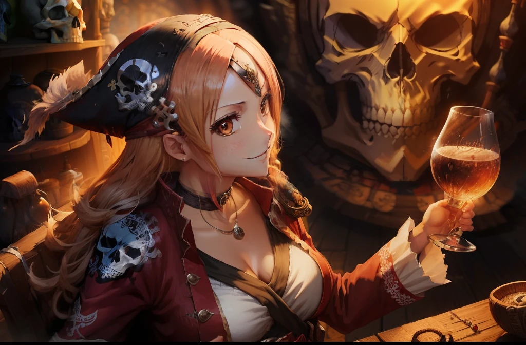 ((((masutepiece)))), top-quality、ultra-detailliert、8k photo, very_high_resolution, Large_filesize, fulcolor、pirate clothing, Guitar vocals、Woman drinking happily, A big smile、Beautiful eyes、a miniskirt、cute smile face、Guitar vocals, Shout、Dynamic movement、alcohol,skull, captain, banquet,wall paintings, goblet,Lots of skull objects on the background、pirate clothing --auto