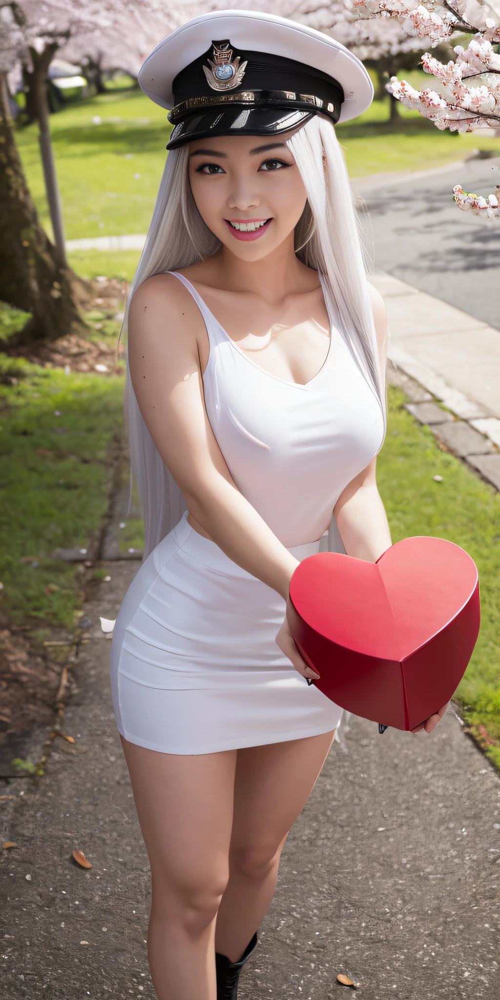 full body, vibrant colors, sexy girl, masterpiece, sharp focus, best quality, depth of field, cinematic lighting, (white captain outfit), hat, long hair, white hair, red eyes, laughing, smile, medium breasts, cherry blossom, outdoors, holding gift, giving gift, holding heart shape gift, 80% miniskirt, v-neck