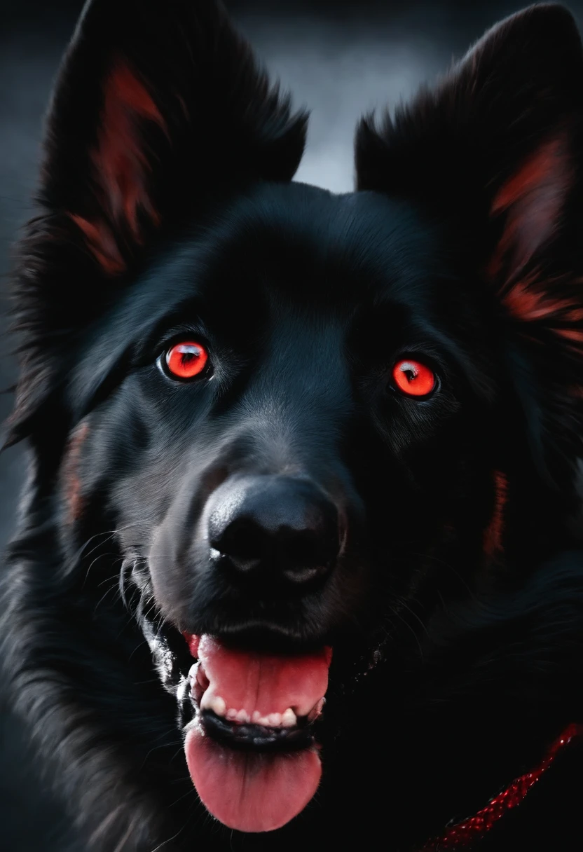 There are a lot of black and red dogs with red eyes, cerbero, Hellhounds, com presas, com olhos vermelhos brilhantes, aaa, pointed teeth and several eyes, Presas, horror wallpaper aesthetic, lobo, Estilo de arte Berserk, com olhos vermelhos brilhantes, sorrindo sinistramente, estilo de arte escuro, sorriso inquietante