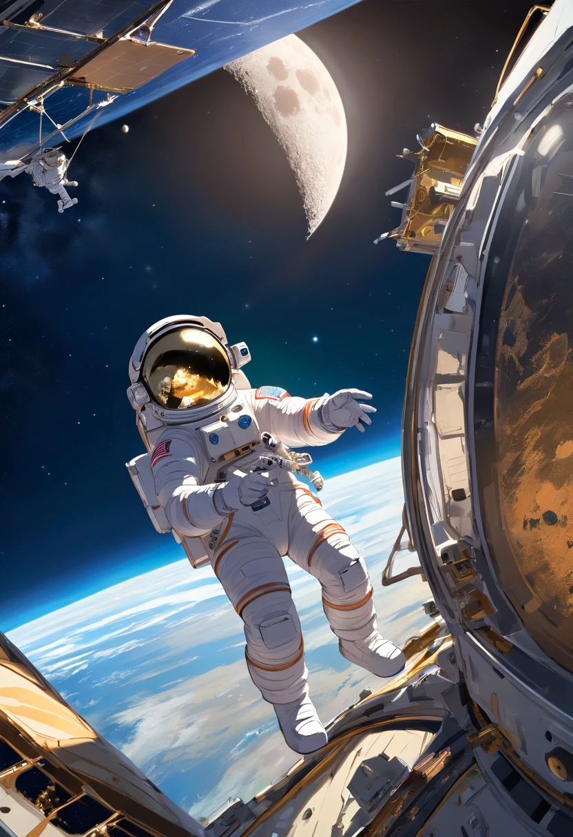 1 astronaut, helmet, space suit, (floating in zero gravity:1.2), earth, Moon, stars, Spaceship, (Reflect sunlight:0.8), Milky Way, (Distant galaxies:1.3), moons, rocket launch, (exhaust gas:0.9), space station, (Cosmic background radiation:1.1), spacewalk, (Tethered to a spacecraft:1.4), (Repair satellites:1.2), (Weightless environment:0.7), (Communication equipment:0.8), (Explore new planets:1.3), (Collect samples:1.1), solar system, (Reflection of an astronaut on a visor:0.9), (international space station:1.2), (An astronaut's perspective:1.3), (Re-entry into the atmosphere:1.4), (International cooperation:1.2), (View from inside the spacecraft:0.8), (Astronaut training:1.1), (moon landing:1.3), (Spacewalks in spacewalks):1.2), (Lunar rover:1.1), (Explore the unknown:1.4), (The shadow of an astronaut on the surface of the moon:0.9), (Floating tool:0.8), (Majestic globe landscape:1.3), (Interstellar Travel:1.2), (Astronaut badge:0.8), (Spacecraft control:1.1), (Celestial navigation:1.3), (The astronaut's visor reflects the Earth:1.2), (Space travelling:1.4), (The astronauts' spacewalk was tethered to the spacecraft:1.5).