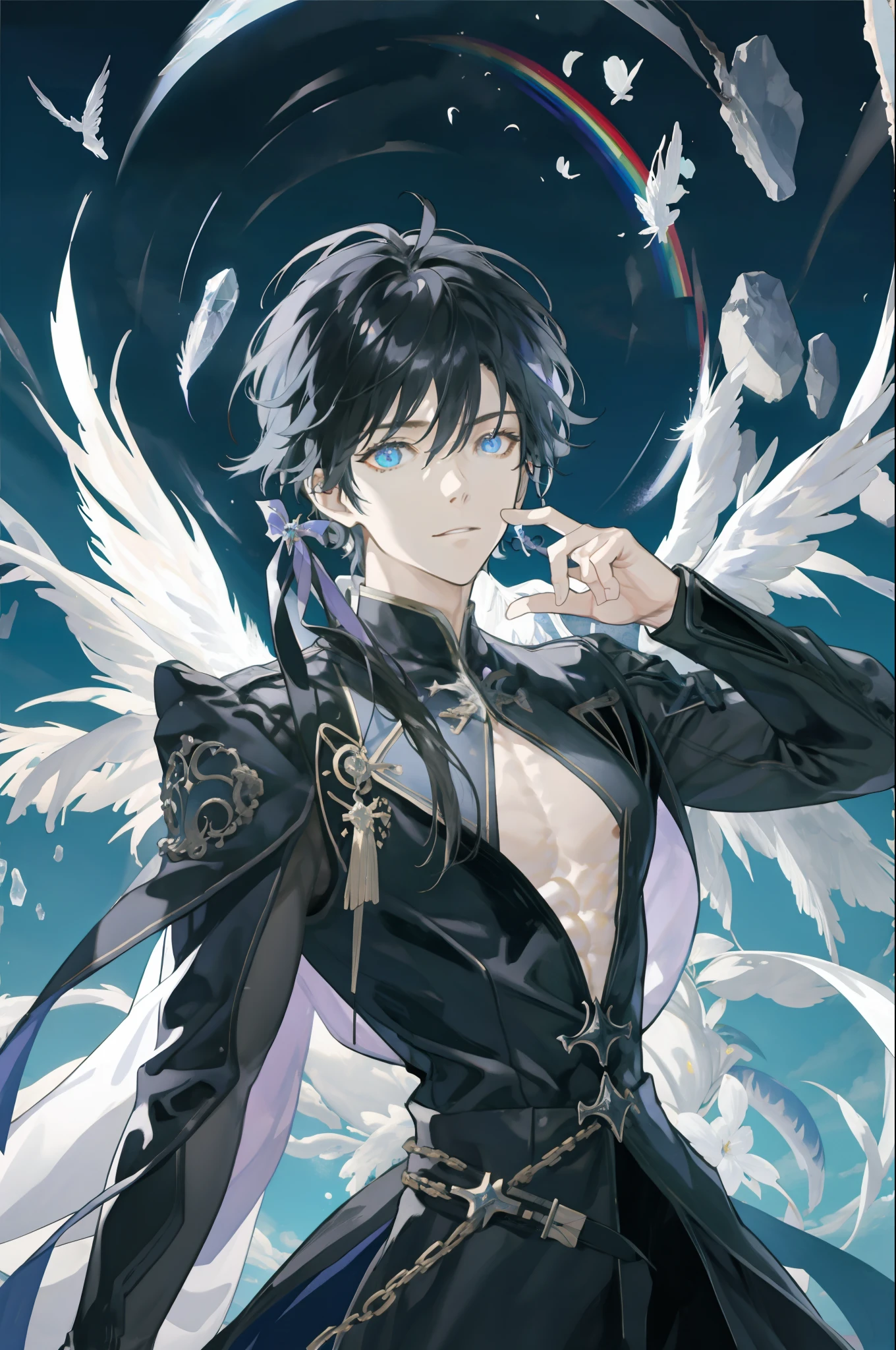 {{{masterpiece}}}, {{{best quality}}}, {{ultra-detailed}}, {illustration}, A boy,full body,kneeling,Fantasy,nsfw,Fallen Angel,Erect penis