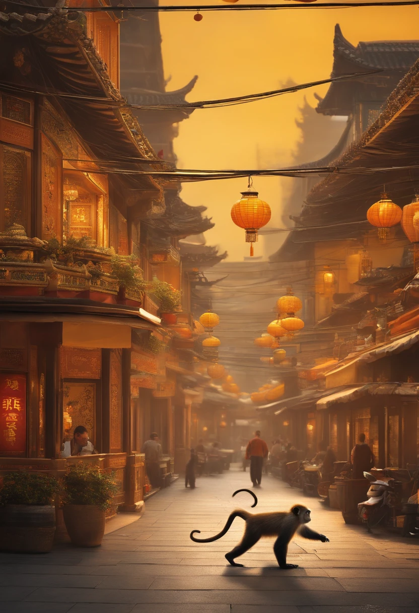 A monkey running in the bustling and popular food street is about to rush out of the picture.Bubble Mart style. The color of the screen is yellow,orange,and gray.Harmony and richness.Detailed scene and IP design with Shanghai style and 3D style. --ar 4:3