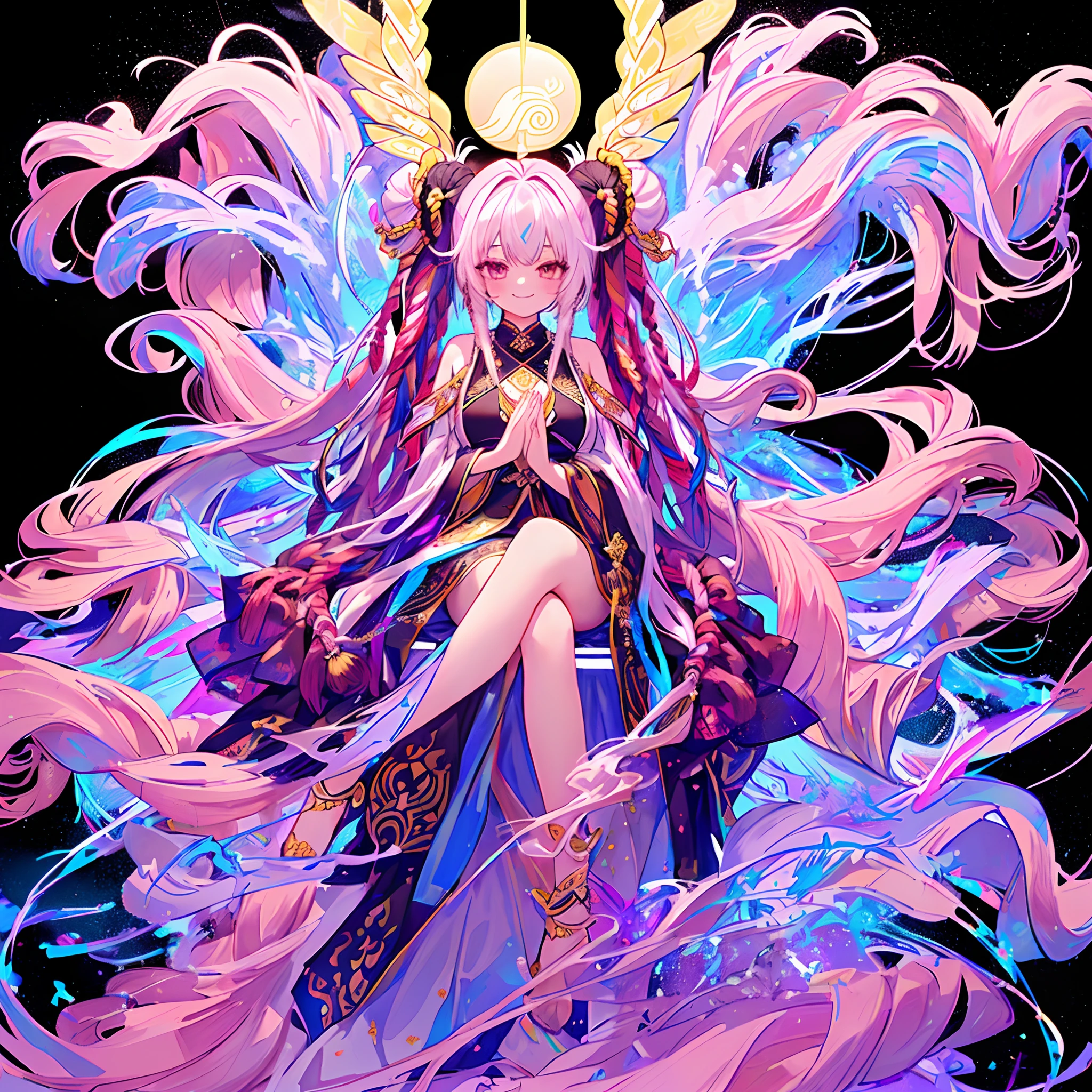 masterpiece, best quality, high quality, 1girl, solo, there is a girl sitting on a throne with a lot of hands, (dreadlocks:1.4), (drill hair, afro, ponytail, two side up, hime cut, twintails, braid, hair bun:0.8), (wavy multicolor hair:1.2), (smokeanywhere:1.4), piercing, smirk, to sit cross-legged on the floor, Put palms together, thousand-armed Buddhist of Mercy motif, thousand-arms appearing from her behind, black background, surrounded by a halo, solemn and mysterious atmosphere