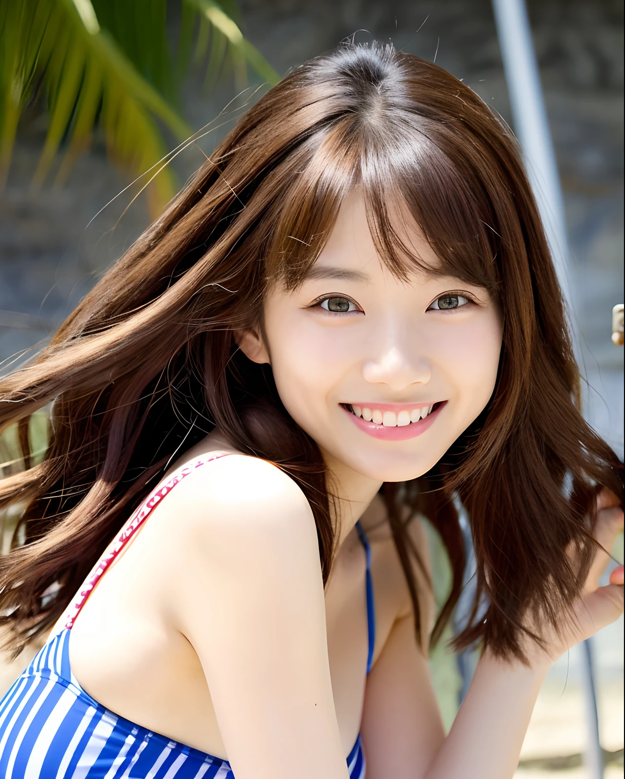 ((最high quality, 8k, masterpiece: 1.3)), (close:0.75), Realistic, Sharp focus, high quality, High resolution, Japanese,Woman with huge 40 inch bust、 idol face、Chubby body type、A girl with huge breasts （Wearing a triangle bikini), ((Very strong sunlight)), smile, Gold Mesh Long Hair,森の木陰でカメラに向かいsmileのアップ、Image of cleavage emphasized by bending forward、