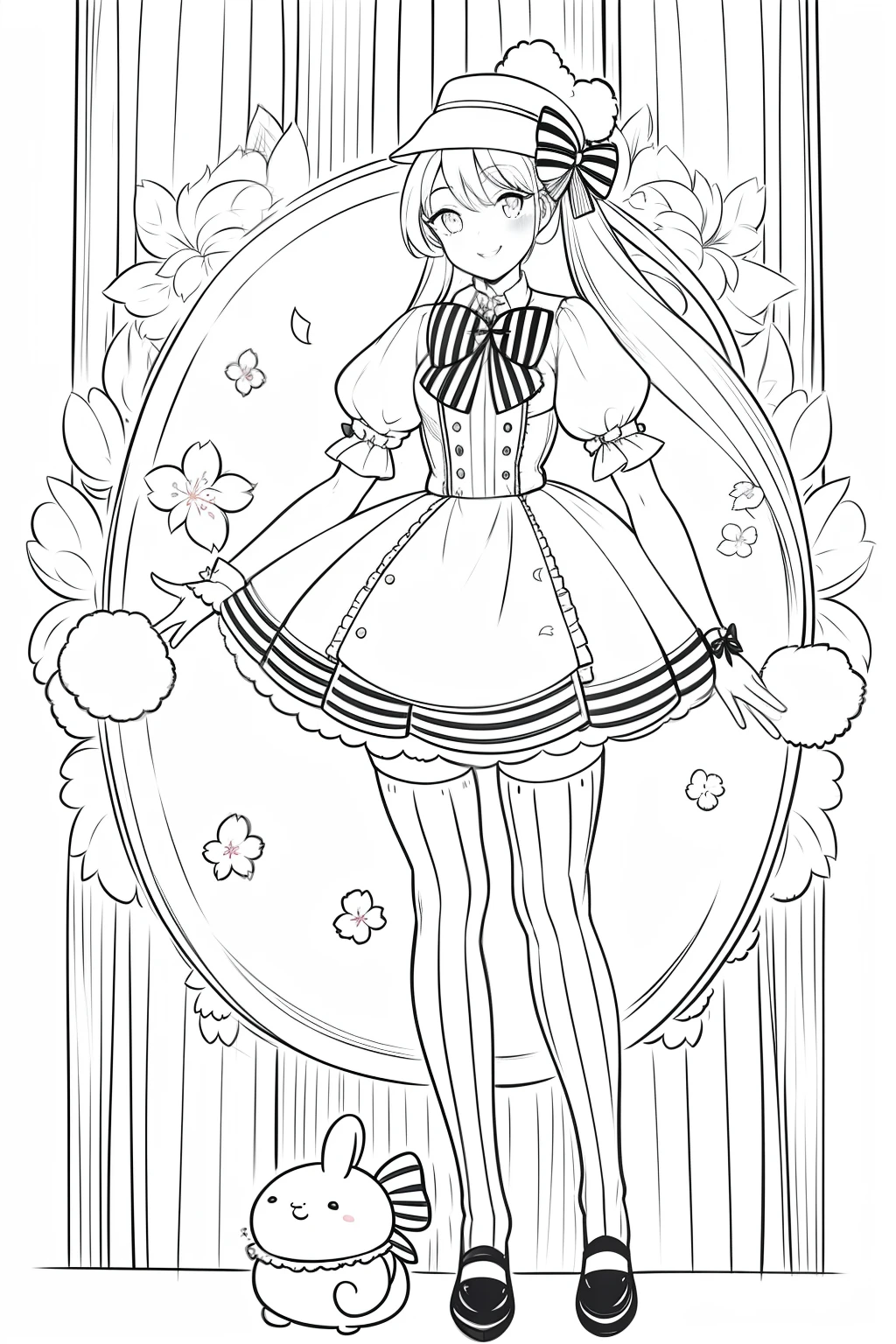 lineart, monochrome,masterpiece, best quality, 1girl, :d, animal,legwear, bow, bowtie, bunny, cape, cherry_blossoms, confetti, gloves, hat, kirima_sharo, looking_at_viewer, mary_janes, monocle, open_mouth, page_number, petals, pinstripe_pattern, shoes, simple_background, smile, striped, striped_bow, striped_legwear, thighhighs, twintails, vertical-striped_legwear, vertical_stripes, watch, white_gloves,