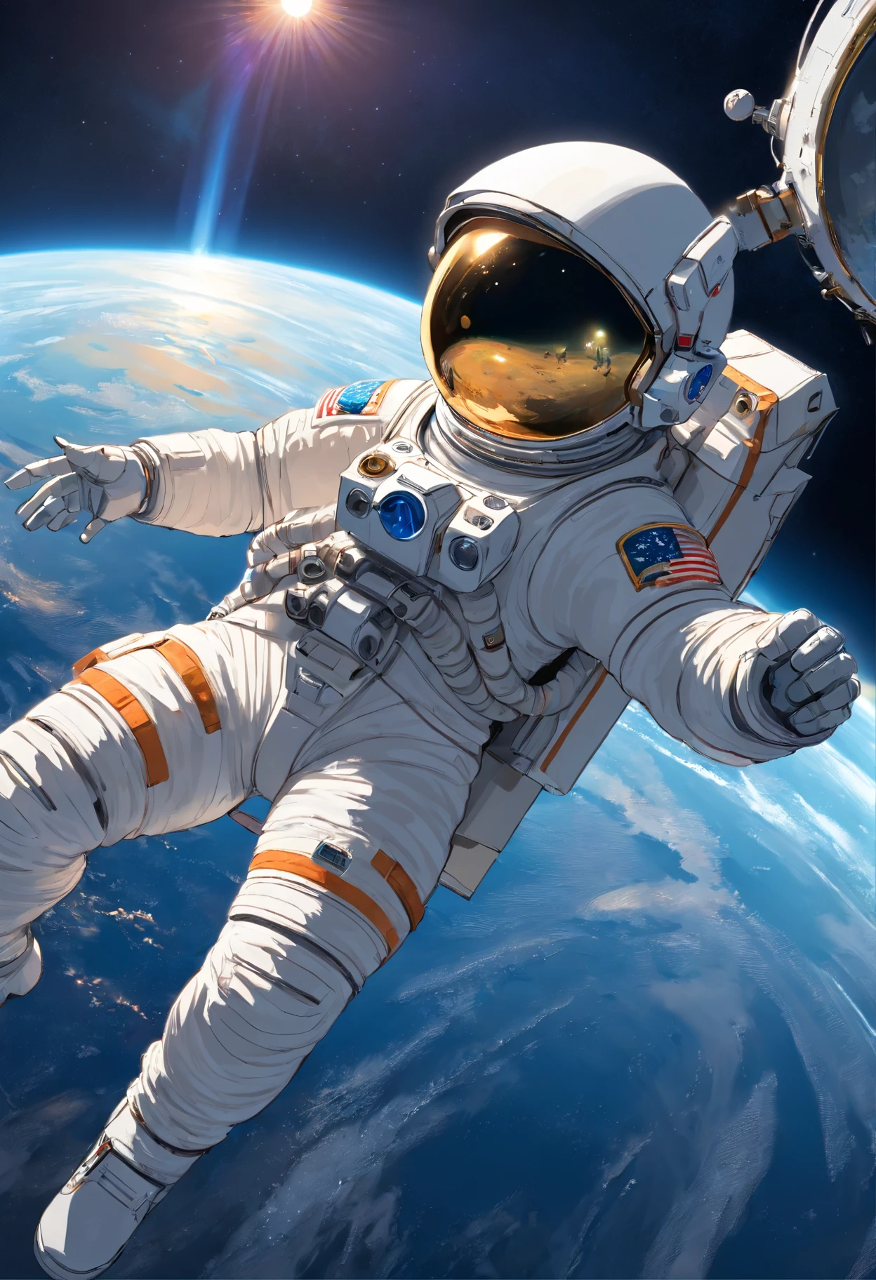 1 astronaut, helmet, space suit, (floating in zero gravity:1.2), earth, Moon, stars, Spaceship, (Reflect sunlight:0.8), Milky Way, (Distant galaxies:1.3), moons, rocket launch, (exhaust gas:0.9), space station, (Cosmic background radiation:1.1), spacewalk, (Tethered to a spacecraft:1.4), (Repair satellites:1.2), (Weightless environment:0.7), (Communication equipment:0.8), (Explore new planets:1.3), (Collect samples:1.1), solar system, (Reflection of an astronaut on a visor:0.9), (international space station:1.2), (An astronaut's perspective:1.3), (Re-entry into the atmosphere:1.4), (International cooperation:1.2), (View from inside the spacecraft:0.8), (Astronaut training:1.1), (moon landing:1.3), (Spacewalks in spacewalks):1.2), (Lunar rover:1.1), (Explore the unknown:1.4), (The shadow of an astronaut on the surface of the moon:0.9), (Floating tool:0.8), (Majestic globe landscape:1.3), (Interstellar Travel:1.2), (Astronaut badge:0.8), (Spacecraft control:1.1), (Celestial navigation:1.3), (The astronaut's visor reflects the Earth:1.2), (Space travelling:1.4), (The astronauts' spacewalk was tethered to the spacecraft:1.5).