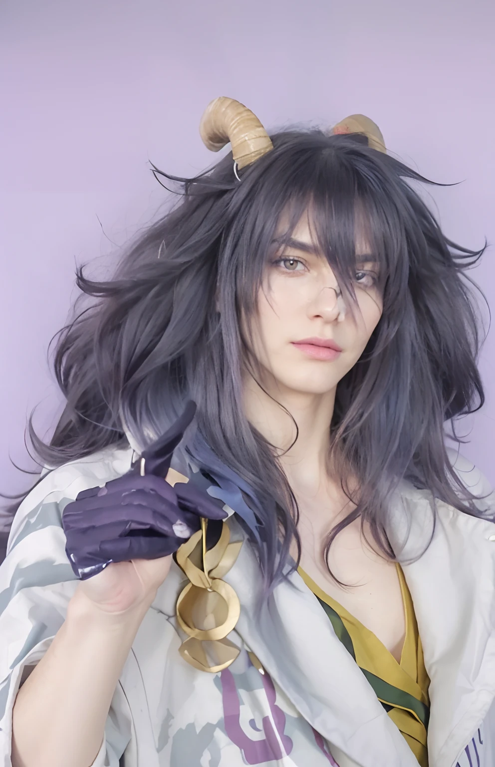 Realistic style, cute boy, long Black hair, pale skin, very "gas" appearance, due to the ability of his Devil Fruit. He has very long, pointy, dark hair; yellow eyes and two curly horns on the back of his head. He is tall, and wears purple lipstick and dark makeup on his eyes. He has a small flat nose and long thin eyebrows. His arms are very thin, compared to the rest of his body.
Caesar wears a large colored light blue coat with the name "GAS" printed on it. Under his coat, he wears a yellow jumpsuit with diagonal stripes that form a cross with the orange lines. The total is cut right under his knees, exposing his hairy legs. He also wears dark purple gloves with the initials "CC" in white on them