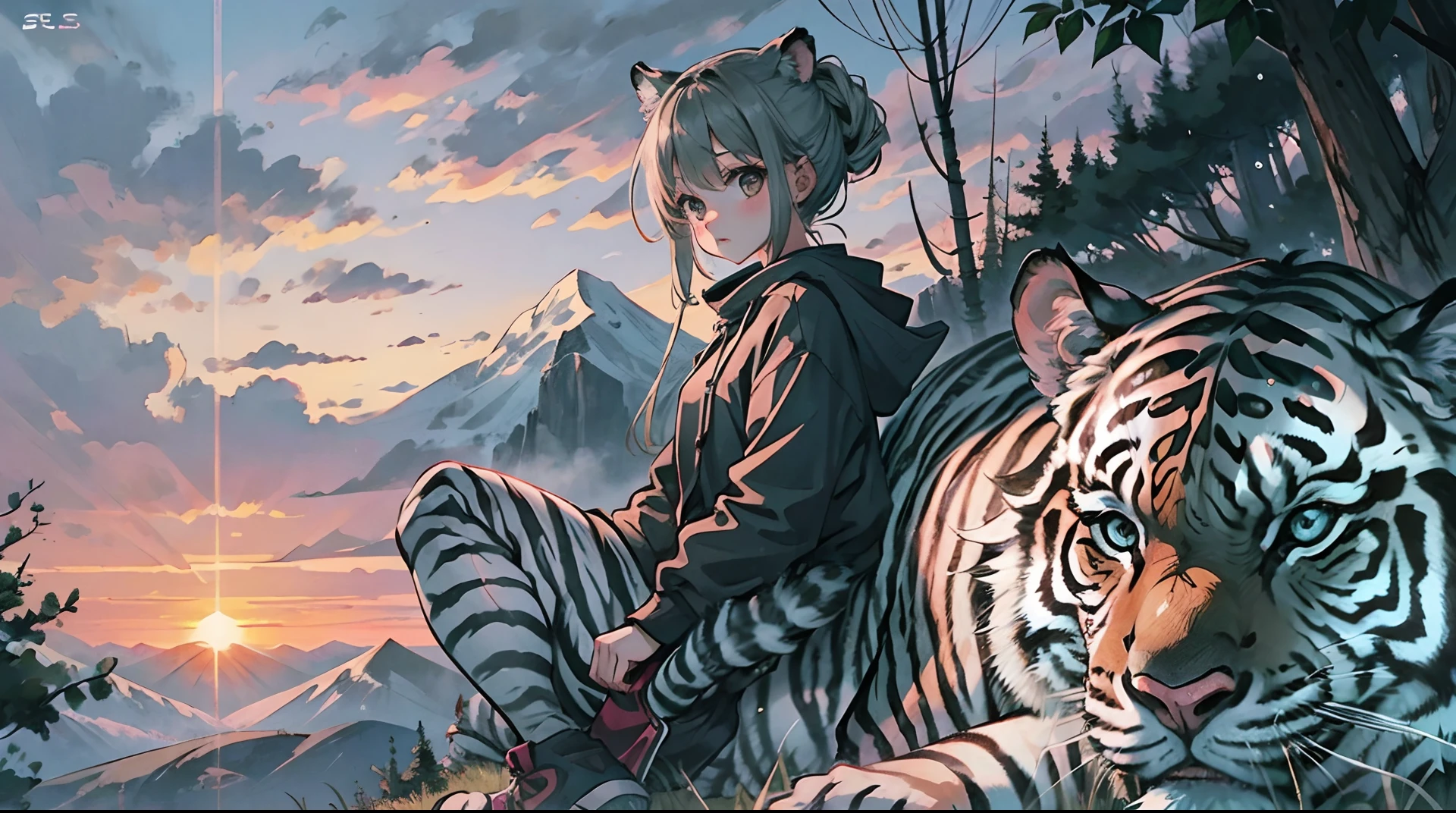 A young girl with a White Tiger by her side, watching the sunrise from the mountaintop in a cute chibi-style comic --auto --s2