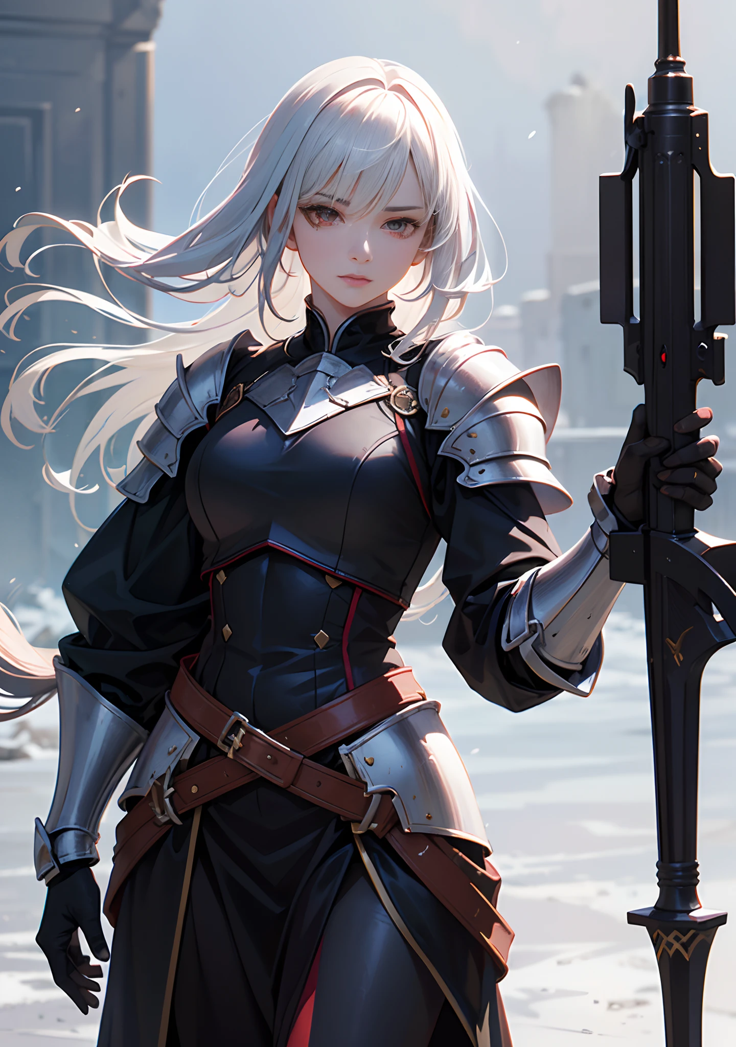For the prompt "Black-armored female knight with white hair and red eyes, slender and tall, wielding a longsword, with a flintlock pistol hanging from her waist, wearing layered Western knight armor, and braided hair", here is the Stable Diffusion prompt:
"(best quality,4k,8k,highres,masterpiece:1.2),ultra-detailed,(realistic,photorealistic,photo-realistic:1.37),portraits,detailed face,black-armored female knight with white hair and red eyes,slender and tall,longsword,braided hair,flintlock pistol,layered Western knight armor,vivid colors,sharp focus,detailed environments,dynamic pose,contrasting lighting,emerging from shadows".