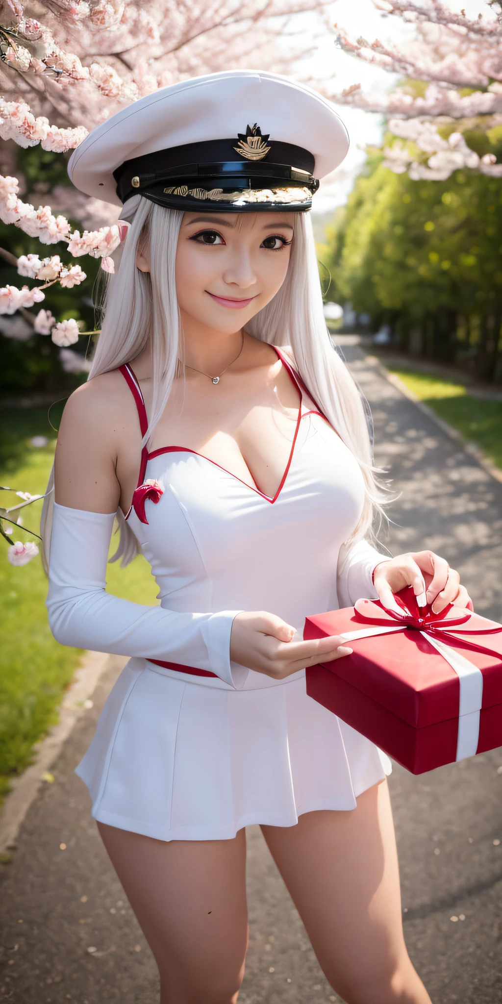 full body, vibrant colors, sexy girl, masterpiece, sharp focus, best quality, depth of field, cinematic lighting, (white captain outfit), hat, long hair, white hair, red eyes, laughing, smile, medium breasts, cherry blossom, outdoors, holding gift, giving gift, holding heart shape gift, 80% miniskirt, v-neck