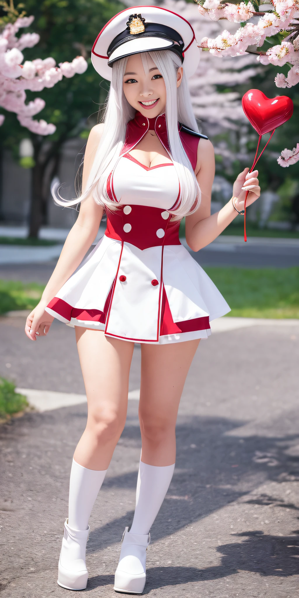 full body, vibrant colors, sexy girl, masterpiece, sharp focus, best quality, depth of field, cinematic lighting, (white captain outfit), hat, long hair, white hair, red eyes, laughing, smile, medium breasts, cherry blossom, outdoors, holding gift, giving gift, holding heart shape gift, 80% miniskirt