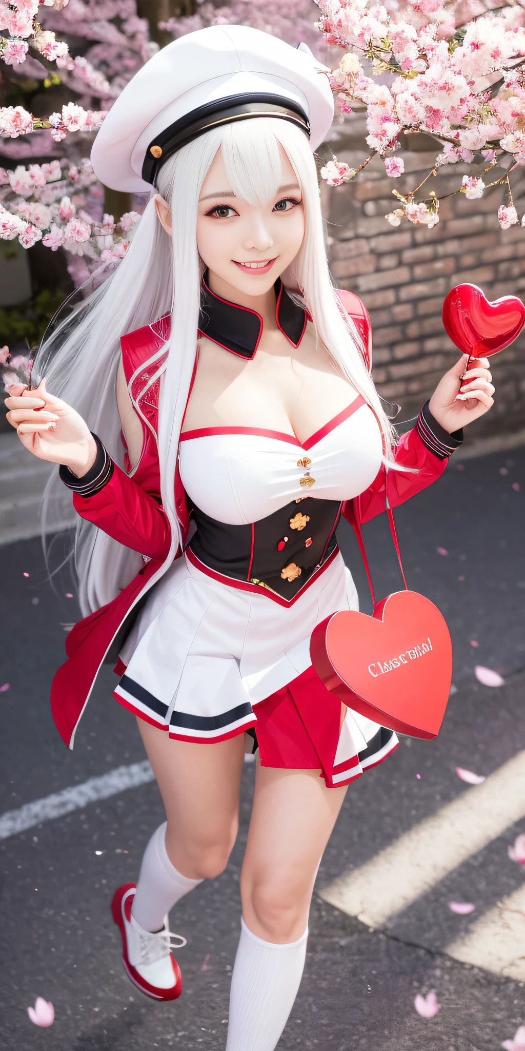 full body, vibrant colors, sexy girl, masterpiece, sharp focus, best quality, depth of field, cinematic lighting, (white captain outfit), hat, long hair, white hair, red eyes, laughing, smile, medium breasts, cherry blossom, outdoors, holding gift, giving gift, holding heart shape gift, 80% miniskirt