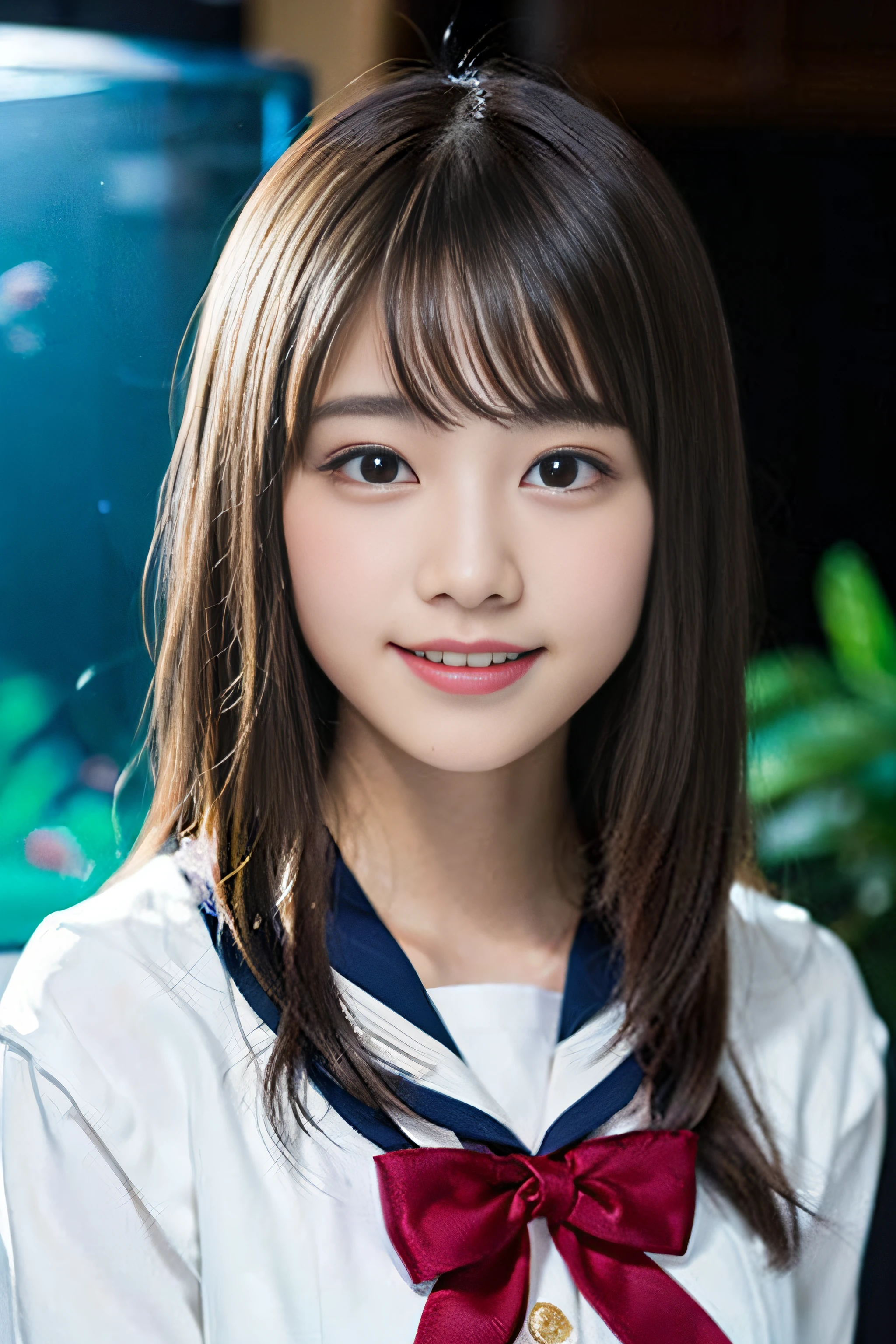 (8K、Raw photography、top-quality、​masterpiece:1.2)、(realisitic、Photorealsitic:1.37)、ultra-detailliert、超A high resolution、女の子1人、see the beholder、beautifull detailed face、A smile、Constriction、(Slim waist) :1.3)、Beautiful detailed skin、Skin Texture、Floating hair、Professional Lighting、Whole human body、a blond、japanese hight school uniform、a sailor suit、Twin Hairstyles、E-cup、Happy smile、、Red ribbons、a baby face、aquariunt of a large aquarium
