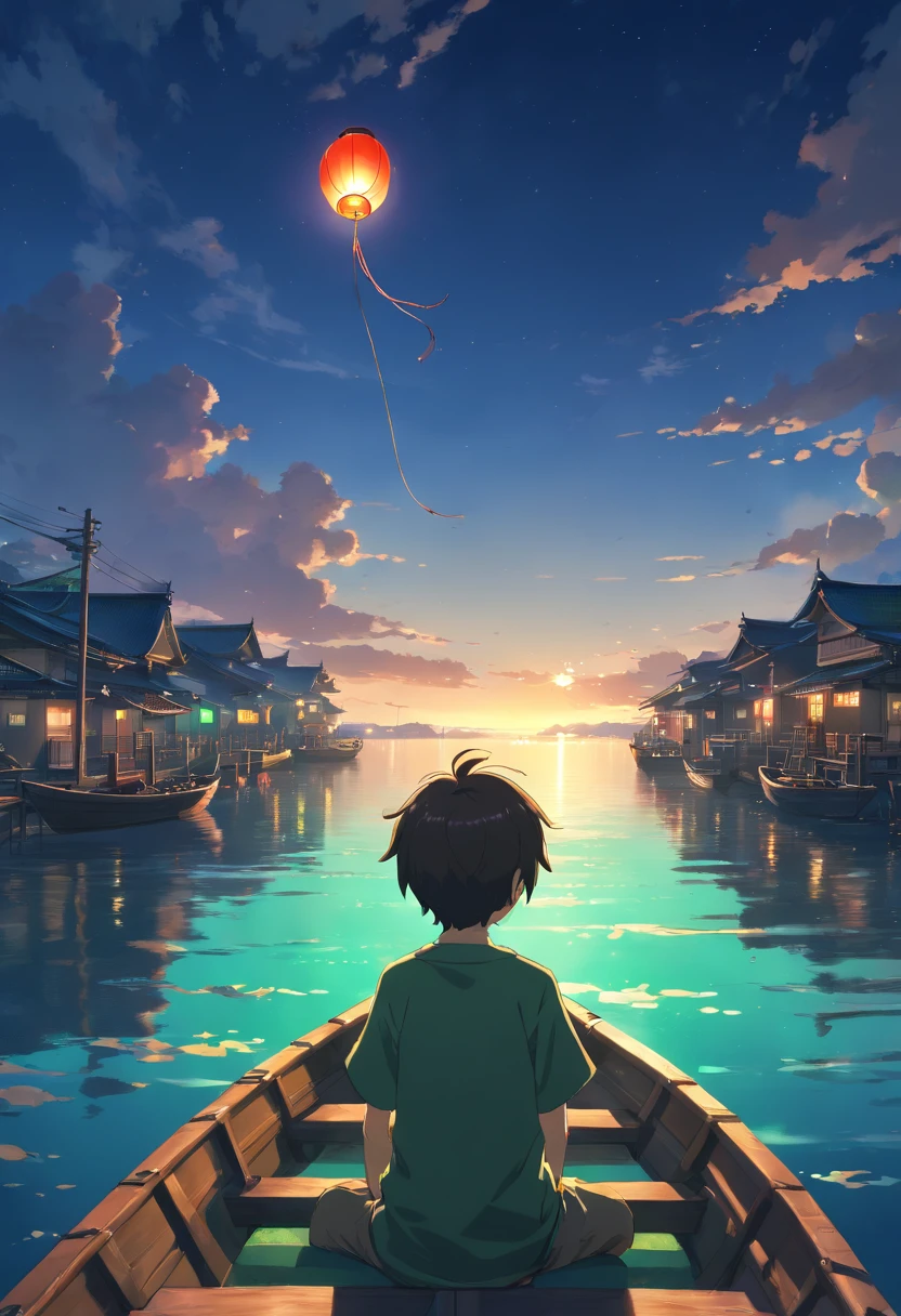 (Best quality,4K,A high resolution,Masterpiece:1.2),Ultra-detailed,(Realistic,Photorealistic,photo-realistic:1.37),Vivid colors,Physically-based rendering,hdr,Studio lighting,Sharp focus,Extreme detail description,Professional evening, Beautiful skyline, Vast ocean, Dramatic and tense scenes, Visually engaging, High Moon, Colorful natural lighting. sitting on a lonely boat, hands out,Holding a Chinese lantern in his hand. His green face tells the story of time. Look up at the floating blue-green sky lanterns that cover the entire night sky. A giant hand descended from the sky, As if to destroy the people on board.