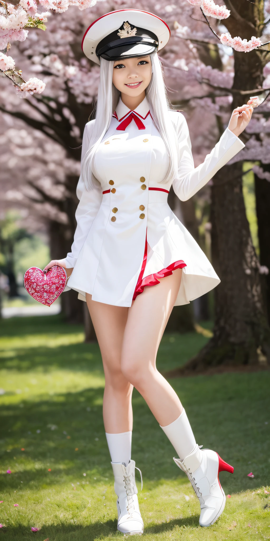 full body, vibrant colors, sexy girl, masterpiece, sharp focus, best quality, depth of field, cinematic lighting, (white captain outfit), hat, long hair, white hair, red eyes, laughing, smile, medium breasts, cherry blossom, outdoors, holding gift, giving gift, holding heart shape gift, 80% miniskirt