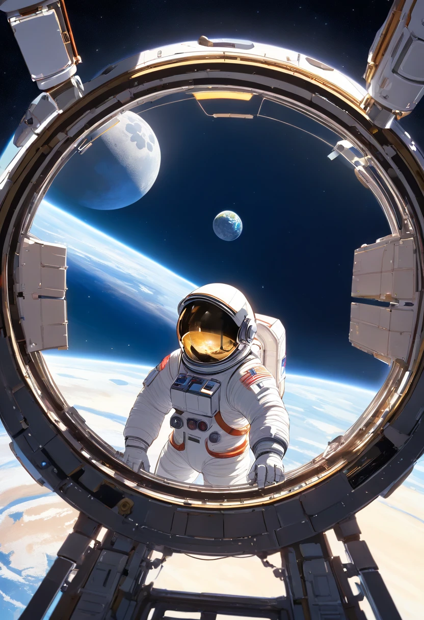 1 astronaut, helmet, space suit, (floating in zero gravity:1.2), earth, Moon, stars, Spaceship, (Reflect sunlight:0.8), Milky Way, (Distant galaxies:1.3), moons, rocket launch, (exhaust gas:0.9), (Cosmic background radiation:1.1), spacewalk, (Tethered to a spacecraft:1.4), (Repair satellites:1.2), (Weightless environment:0.7), (Communication equipment:0.8), (Explore new planets:1.3), (Collect samples:1.1), solar system, (Reflection of an astronaut on a visor:0.9), (international space station:1.2), (An astronaut's perspective:1.3), (Re-entry into the atmosphere:1.4), (International cooperation:1.2), (View from inside the spacecraft:0.8), (Astronaut training:1.1), (moon landing:1.3), (Spacewalks in spacewalks):1.2), (Lunar rover:1.1), (Explore the unknown:1.4), (The shadow of an astronaut on the surface of the moon:0.9), (Floating tool:0.8), (Majestic globe landscape:1.3), (Interstellar Travel:1.2), (Astronaut badge:0.8), (Spacecraft control:1.1), (Celestial navigation:1.3), (The astronaut's visor reflects the Earth:1.2), (Space travelling:1.4), (The astronauts' spacewalk was tethered to the spacecraft:1.5).