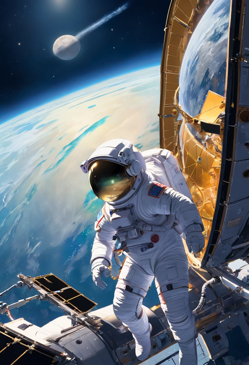 1 astronaut, helmet, space suit, (floating in zero gravity:1.2), earth, Moon, stars, Spaceship, (Reflect sunlight:0.8), Milky Way, (Distant galaxies:1.3), moons, rocket launch, (exhaust gas:0.9), space station, (Cosmic background radiation:1.1), spacewalk, (Tethered to a spacecraft:1.4), (Repair satellites:1.2), (Weightless environment:0.7), (Communication equipment:0.8), (Explore new planets:1.3), (Collect samples:1.1), solar system, (Reflection of an astronaut on a visor:0.9), (international space station:1.2), (An astronaut's perspective:1.3), (Re-entry into the atmosphere:1.4), (International cooperation:1.2), (View from inside the spacecraft:0.8), (Astronaut training:1.1), (moon landing:1.3), (Spacewalks in spacewalks):1.2), (Lunar rover:1.1), (Explore the unknown:1.4), (The shadow of an astronaut on the surface of the moon:0.9), (Floating tool:0.8), (Majestic globe landscape:1.3), (Interstellar Travel:1.2), (Astronaut badge:0.8), (Spacecraft control:1.1), (Celestial navigation:1.3), (The astronaut's visor reflects the Earth:1.2), (Space travelling:1.4), (The astronauts' spacewalk was tethered to the spacecraft:1.5).