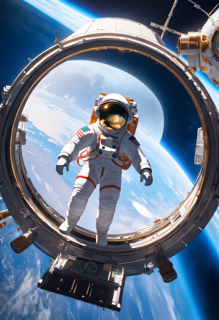 1 astronaut, helmet, space suit, (floating in zero gravity:1.2), earth, Moon, stars, Spaceship, (Reflect sunlight:0.8), Milky Way, (Distant galaxies:1.3), moons, rocket launch, (exhaust gas:0.9), (Cosmic background radiation:1.1), spacewalk, (Tethered to a spacecraft:1.4), (Repair satellites:1.2), (Weightless environment:0.7), (Communication equipment:0.8), (Explore new planets:1.3), (Collect samples:1.1), solar system, (Reflection of an astronaut on a visor:0.9), (international space station:1.2), (An astronaut's perspective:1.3), (Re-entry into the atmosphere:1.4), (International cooperation:1.2), (View from inside the spacecraft:0.8), (Astronaut training:1.1), (moon landing:1.3), (Spacewalks in spacewalks):1.2), (Lunar rover:1.1), (Explore the unknown:1.4), (The shadow of an astronaut on the surface of the moon:0.9), (Floating tool:0.8), (Majestic globe landscape:1.3), (Interstellar Travel:1.2), (Astronaut badge:0.8), (Spacecraft control:1.1), (Celestial navigation:1.3), (The astronaut's visor reflects the Earth:1.2), (Space travelling:1.4), (The astronauts' spacewalk was tethered to the spacecraft:1.5).