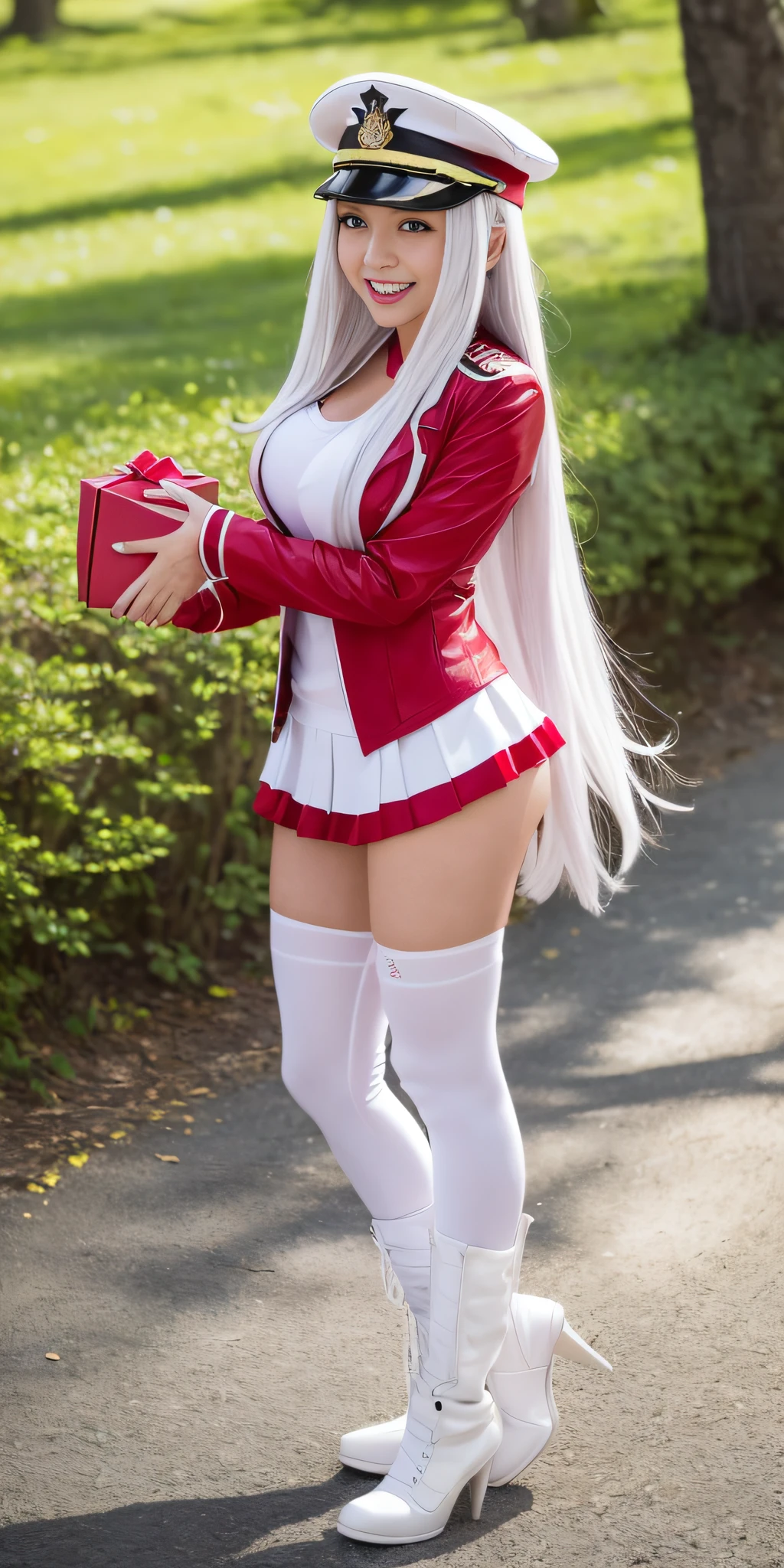 full body, vibrant colors, sexy girl, masterpiece, sharp focus, best quality, depth of field, cinematic lighting, ( 50% white captain outfit), hat, long hair, white hair, red eyes, laughing, smile, medium breasts, cherry blossom, outdoors, holding gift, giving gift, holding heart shape gift, miniskirt, ((((100% clothes off))))