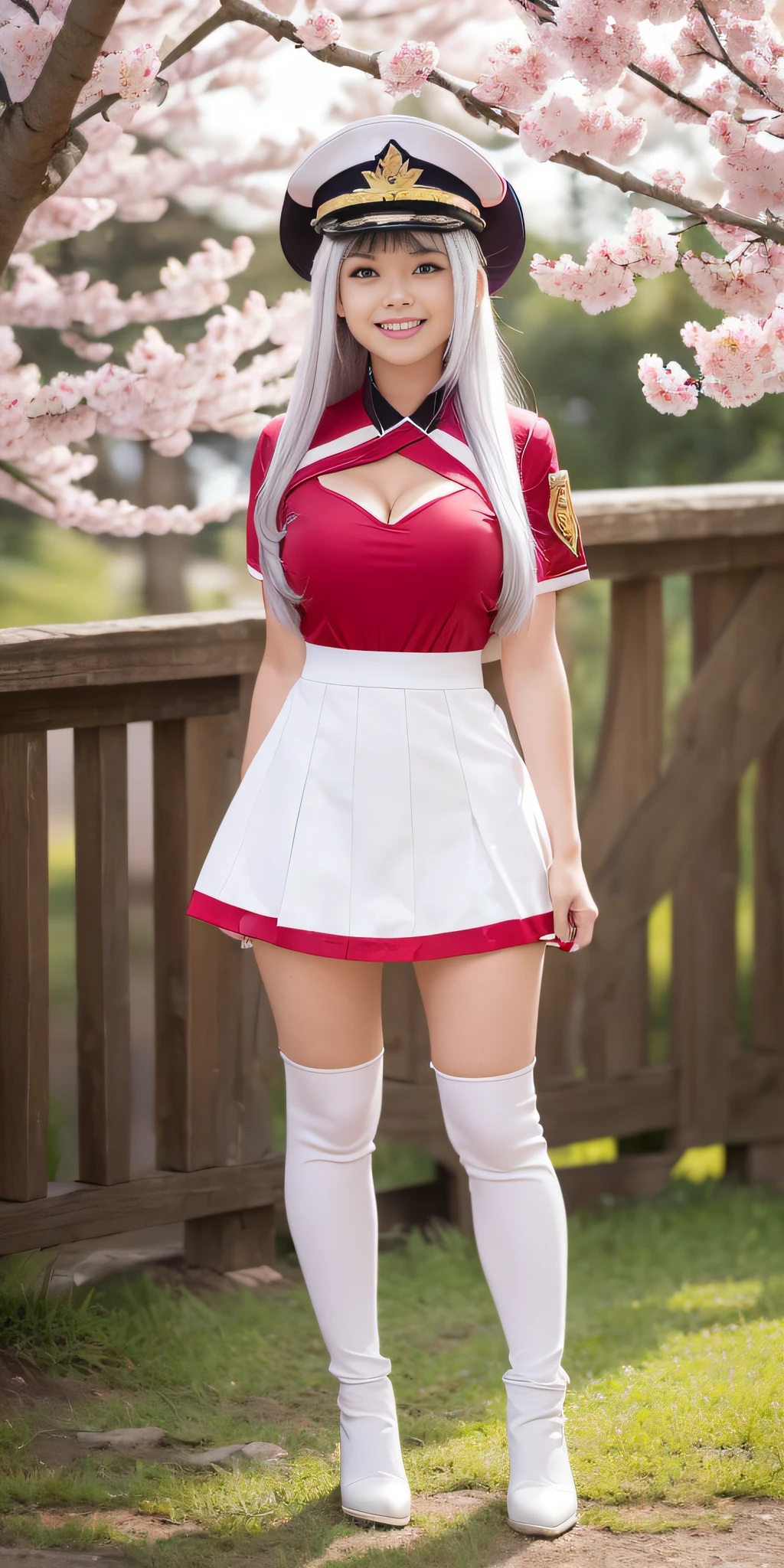 full body, vibrant colors, sexy girl, masterpiece, sharp focus, best quality, depth of field, cinematic lighting, (white captain outfit), hat, long hair, white hair, red eyes, laughing, smile, medium breasts, cherry blossom, outdoors, holding gift, giving gift, holding heart shape gift, 80% miniskirt, v-neck