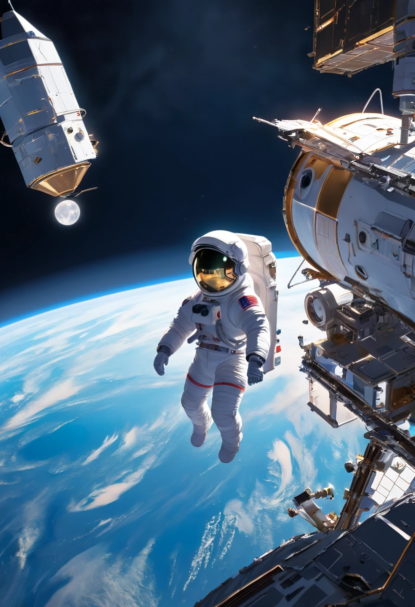 1 astronaut, helmet, space suit, (floating in zero gravity:1.2), earth, Moon, stars, Spaceship, (Reflect sunlight:0.8), Milky Way, (Distant galaxies:1.3), moons, rocket launch, (exhaust gas:0.9), space station, (Cosmic background radiation:1.1), spacewalk, (Tethered to a spacecraft:1.4), (Repair satellites:1.2), (Weightless environment:0.7), (Communication equipment:0.8), (Explore new planets:1.3), (Collect samples:1.1), solar system, (Reflection of an astronaut on a visor:0.9), (international space station:1.2), (An astronaut's perspective:1.3), (Re-entry into the atmosphere:1.4), (International cooperation:1.2), (View from inside the spacecraft:0.8), (Astronaut training:1.1), (moon landing:1.3), (Spacewalks in spacewalks):1.2), (Lunar rover:1.1), (Explore the unknown:1.4), (The shadow of an astronaut on the surface of the moon:0.9), (Floating tool:0.8), (Majestic globe landscape:1.3), (Interstellar Travel:1.2), (Astronaut badge:0.8), (Spacecraft control:1.1), (Celestial navigation:1.3), (The astronaut's visor reflects the Earth:1.2), (Space travelling:1.4), (The astronauts' spacewalk was tethered to the spacecraft:1.5).
