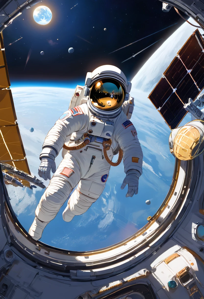 1 astronaut, helmet, space suit, (floating in zero gravity:1.2), earth, Moon, stars, Spaceship, (Reflect sunlight:0.8), Milky Way, (Distant galaxies:1.3), moons, rocket launch, (exhaust gas:0.9), space station, (Cosmic background radiation:1.1), spacewalk, (Tethered to a spacecraft:1.4), (Repair satellites:1.2), (Weightless environment:0.7), (Communication equipment:0.8), (Explore new planets:1.3), (Collect samples:1.1), solar system, (Reflection of an astronaut on a visor:0.9), (international space station:1.2), (An astronaut's perspective:1.3), (Re-entry into the atmosphere:1.4), (International cooperation:1.2), (View from inside the spacecraft:0.8), (Astronaut training:1.1), (moon landing:1.3), (Spacewalks in spacewalks):1.2), (Lunar rover:1.1), (Explore the unknown:1.4), (The shadow of an astronaut on the surface of the moon:0.9), (Floating tool:0.8), (Majestic globe landscape:1.3), (Interstellar Travel:1.2), (Astronaut badge:0.8), (Spacecraft control:1.1), (Celestial navigation:1.3), (The astronaut's visor reflects the Earth:1.2), (Space travelling:1.4), (The astronauts' spacewalk was tethered to the spacecraft:1.5).
