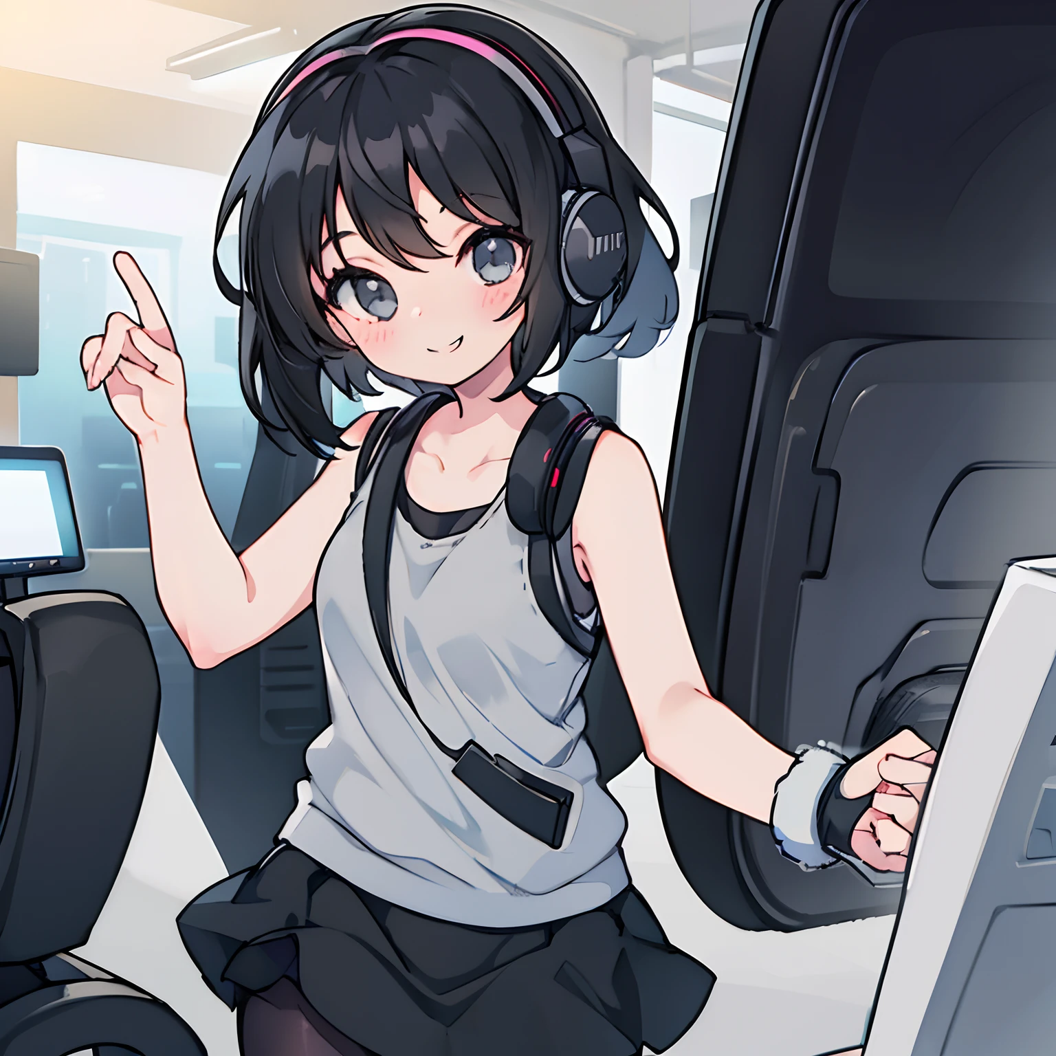 cute girl with black hair, grey tanktop, black leggings, black skirt, headphones, cute, smiling
