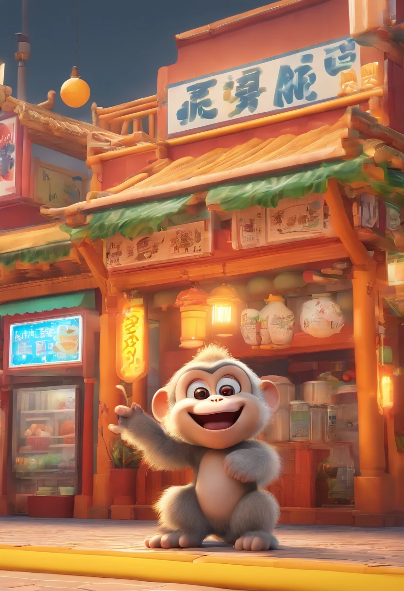 A monkey running in the bustling and popular food street is about to rush out of the picture .Bubble Mart style. The color of the screen is yellow,orange,and gray.Harmony and richness.Detailed scene and IP design with Shanghai style and 3D style. --ar 4:3