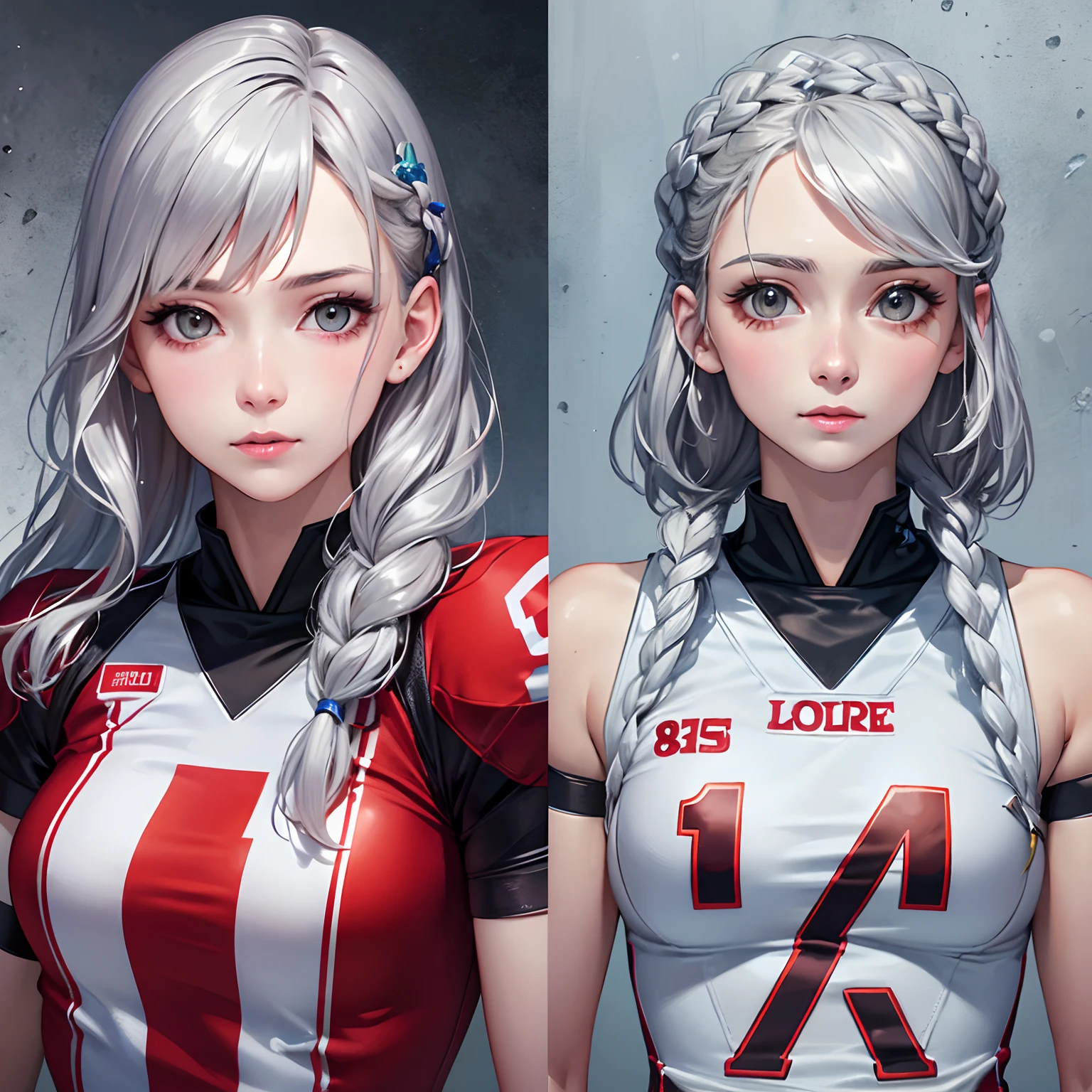 masterpiece、High-quality images、top-quality、hight resolution、8K、1womanl、the detail、Photorealsitic、skin gloss、full bodyesbian、Lustrous hair、short silver hair、Braided hair、Detailed eye depiction、American Football Uniforms、boyish