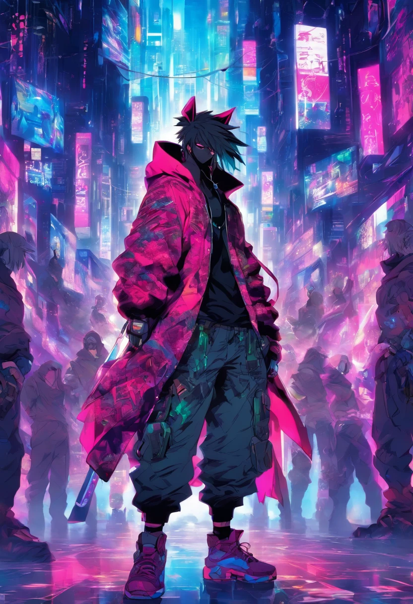 Male standing in the middle with his back turned against the viewer he has expressions and poses of confusion and dispare he is being surrounded by many invisible screens he is wearing a hoodie it’s a cyberpunk environment the background is white the male is holding a large sword he is also wearing headphones