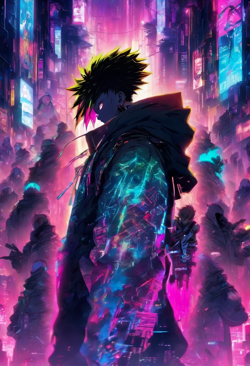 Male standing in the middle with his back turned against the viewer he has expressions and poses of confusion and dispare he is being surrounded by many invisible screens he is wearing a hoodie it’s a cyberpunk environment the background is white the male is holding a large sword he is also wearing headphones
