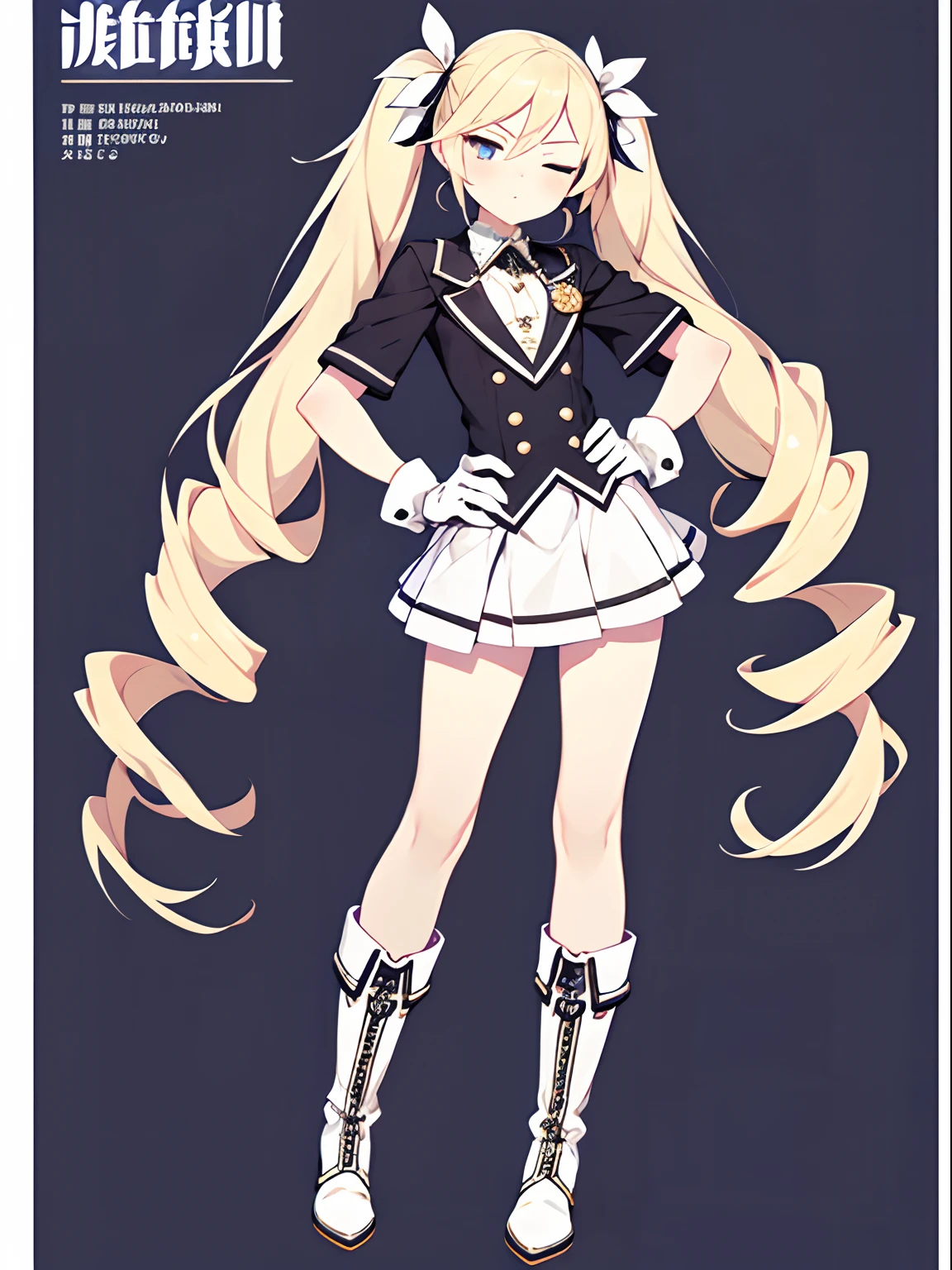 character sheet, Highly detailed and realistic CG, Colorful, Masterpiece, Best Quality, jewel-like eyes, 1girl, solo, blond hair, shiny hair, long twintails, drill hair, slender, skinny legs, white school uniform, layered skirt, luxury boots, amber eyes, flat chest, hand on hip, smirk, smile, jitome, half-closed eyes, standing, contrapposto, tsurime, monochrome background, white gloves, open mouth, pov, best quality eyes, upper teeth, loose socks in boots,