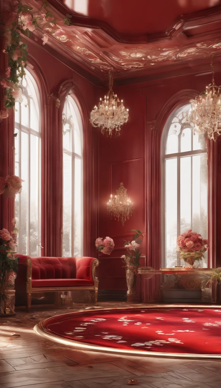 (Best quality, 32K resolution, High-res, Ultra-detailed, Photorealistic,Finely depicted details), The engine of Unreal 5, Gorgeous room,The floor is covered with a large number of flowers, romantic motifs, Rose making portal, MajesticBackdrops, floral environment, Beautiful scenery, Flower beds on the floor, wallpaper aesthetic, E-commerce live room background,Hyper-realistic rendering, Exquisite composition, Breathtaking wallpapers, stunning visuals, Landscape wallpaper aesthetics, fundo vermelho, red reflections, C4D render, top notch quality, RAW photo"