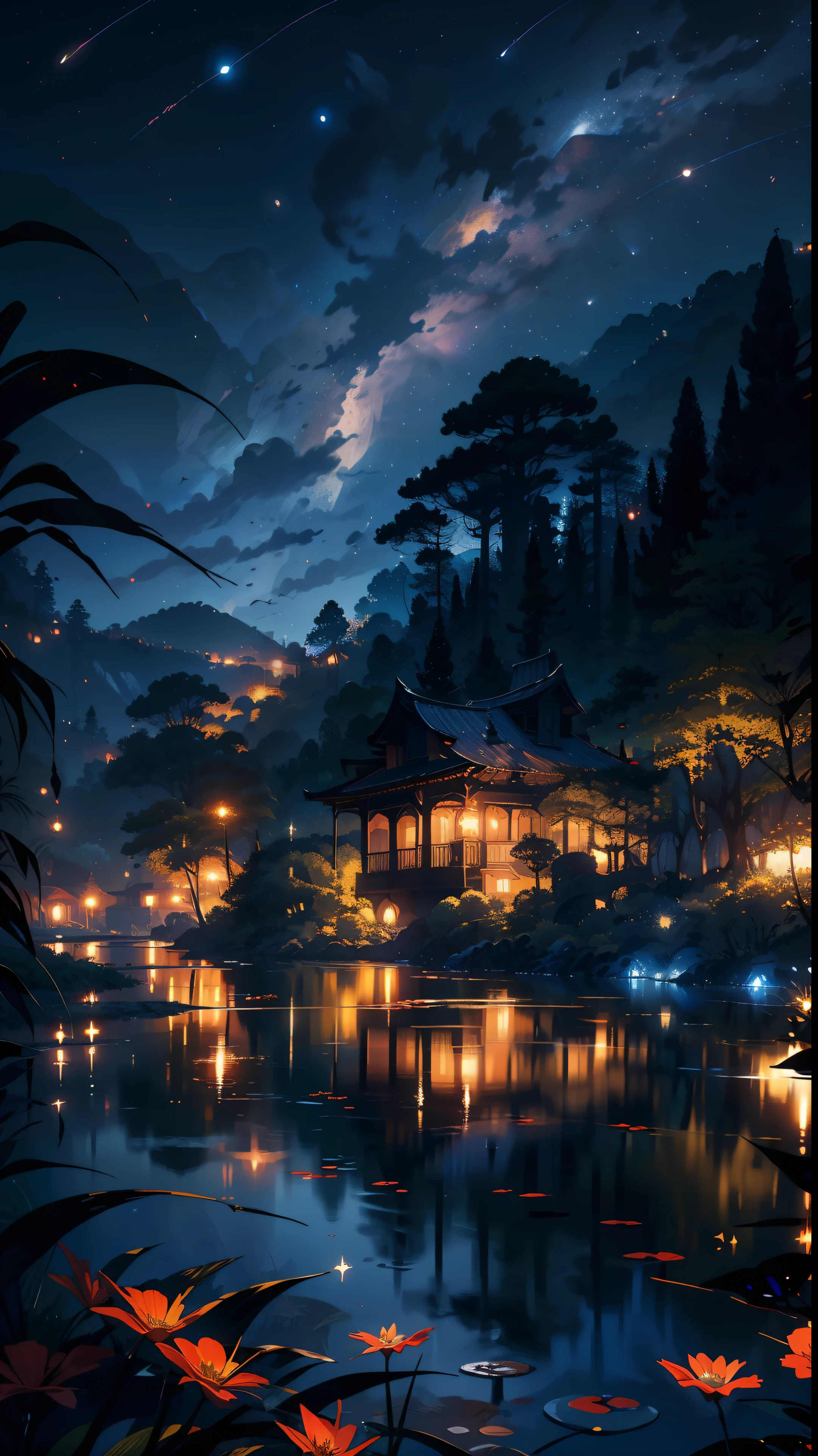 master part, gorgeous, Landscape, (((DDIM_HumaDDIMs))), Noite, flor, Jardim, Starry sky, constellations, atordoante, vista, water, quente, aconchegante, peaceful, Meteoro, cosmico, Magic, magia, particuls, Justo, ((Pirilampos))