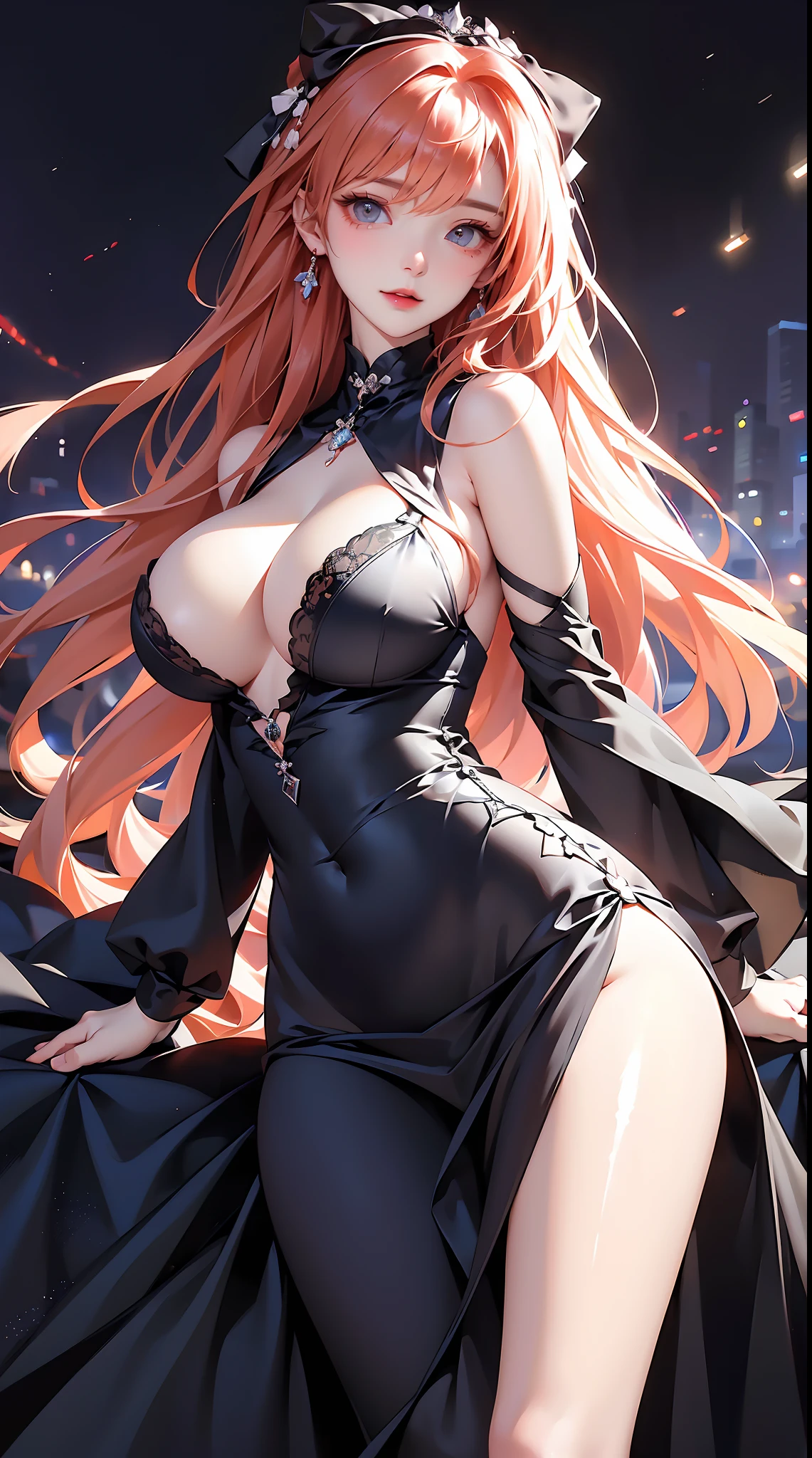 tmasterpiece，best qualtiy，8K，k hd，1 German girl，Human children，Asuka Langley Soryu，（（sketching，solidcolor，Childish painting style，hiyao miyazaki，exquisite detailing）），ar old，ng，Solo，Chu Chu pitiful， gigantic cleavage breasts：1.3，Eyes sparkle，sharp sharp eyes，（glowing light eyes：1.233），（（Long orange hair）），Show the legs，Light smile，（（Transparent navy blue gauze dress，Extremely light gauze skirt，Dynamic dance moves，No bra，Abundant silver jewelry，Beautiful distant mountains and starry sky background）），（beautiful and detailed eye：1.3，looking to the camera），Blushlush，Back lens：1.3