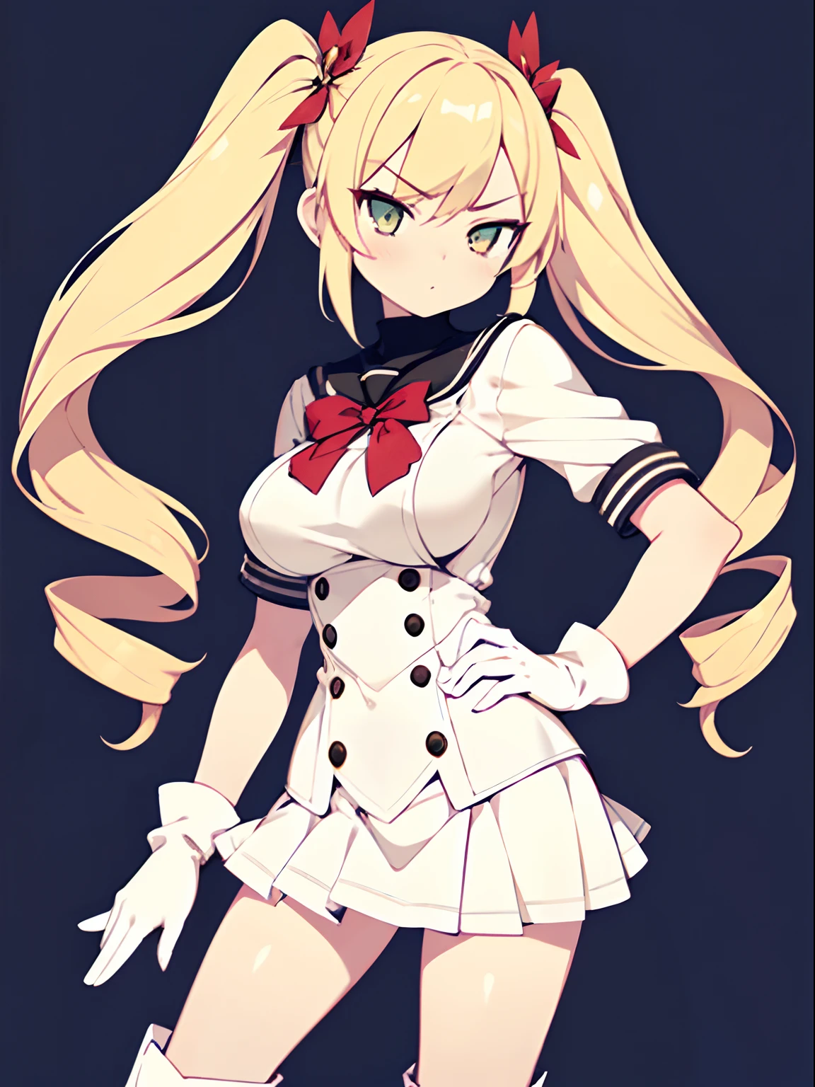 (mahou_shoujo_lyrical_nanoha:1.1), (Front Focus),(In the Dark:1.6), (Masterpiece, of the highest quality, best, Official art, Beautiful and aesthetic:1.2), game cg, Highly detailed and realistic CG, Colorful, Best Quality, jewel-like eyes, 1girl, , loli,etite,years old,onde hair, very long hair, straight hair, black sailor uniform, black mini skirt, layered skirts, glowing eyes, star-shaped pupils, smug, smirk, open mouth, black tights, skinny legs, jig eyes, large breasts, (white covered breast:1.5), ruby red eyes, contrapposto, crossed arms, slender, (black skin:1.0), (dark skin:1.5), little succubus wings, long succubus tail, from POV, cute ribbon, tongue,