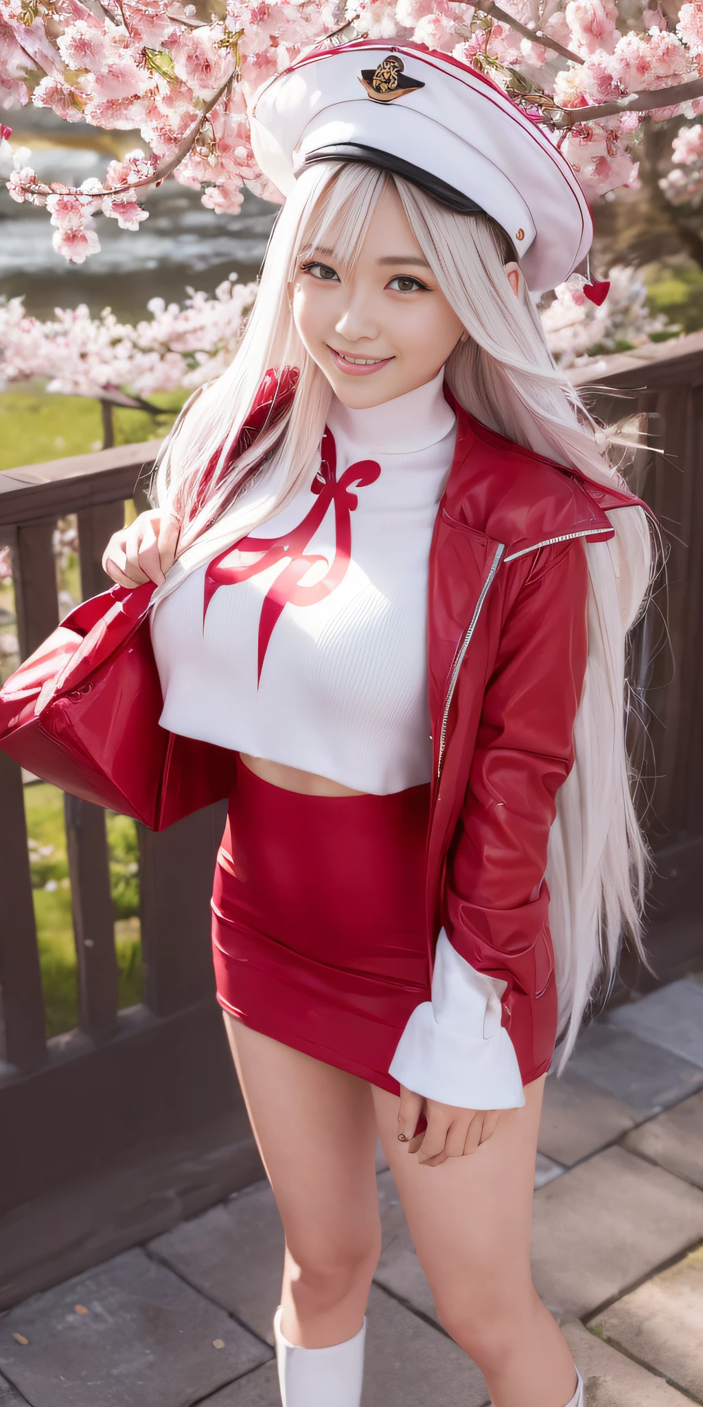 full body, vibrant colors, 5*sexy girl, masterpiece, sharp focus, best quality, depth of field, cinematic lighting, ( 50% white captain outfit), hat, long hair, white hair, red eyes, laughing, smile, medium breasts, cherry blossom, outdoors, holding gift, giving gift, holding heart shape gift, miniskirt, ((((100% clothes off))))