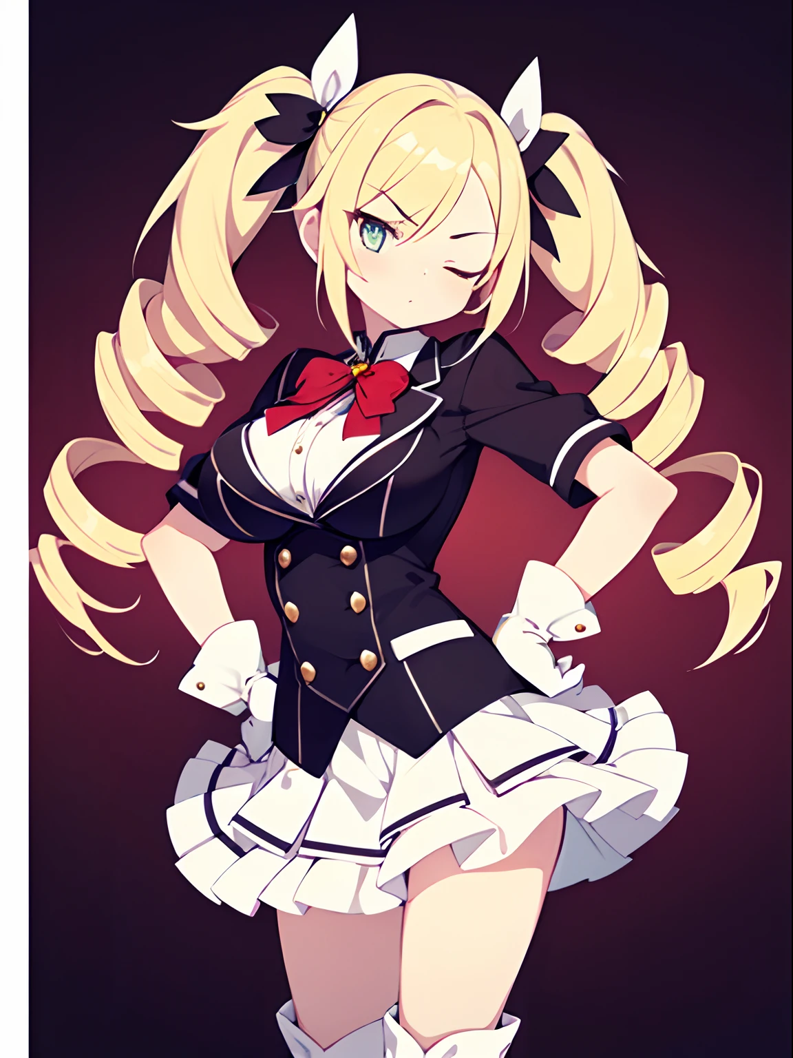 character sheet, Highly detailed and realistic CG, Colorful, Masterpiece, Best Quality, jewel-like eyes, 1girl, solo, blond hair, shiny hair, long twintails, drill hair, slender, skinny legs, white school uniform, layered skirt, luxury boots, amber eyes, large boobs, hand on hip, serious, jitome, half-closed eyes, standing, contrapposto, tsurime, monochrome background, white gloves,