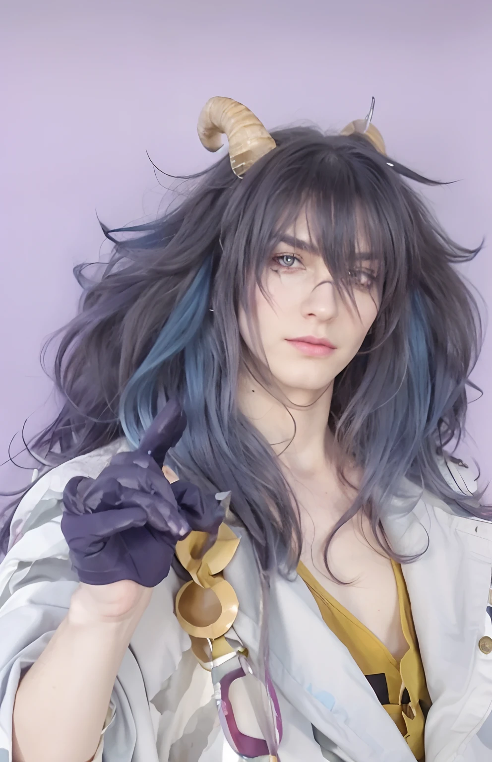 Realistic style, cute boy, long Black hair, pale skin, very "gas" appearance, due to the ability of his Devil Fruit. He has very long, pointy, dark hair; yellow eyes and two curly horns on the back of his head. He is tall, and wears purple lipstick and dark makeup on his eyes. He has a small flat nose and long thin eyebrows. His arms are very thin, compared to the rest of his body.
Caesar wears a large colored light blue coat with the name "GAS" printed on it. Under his coat, he wears a yellow jumpsuit with diagonal stripes that form a cross with the orange lines. The total is cut right under his knees, exposing his hairy legs. He also wears dark purple gloves with the initials "CC" in white on them