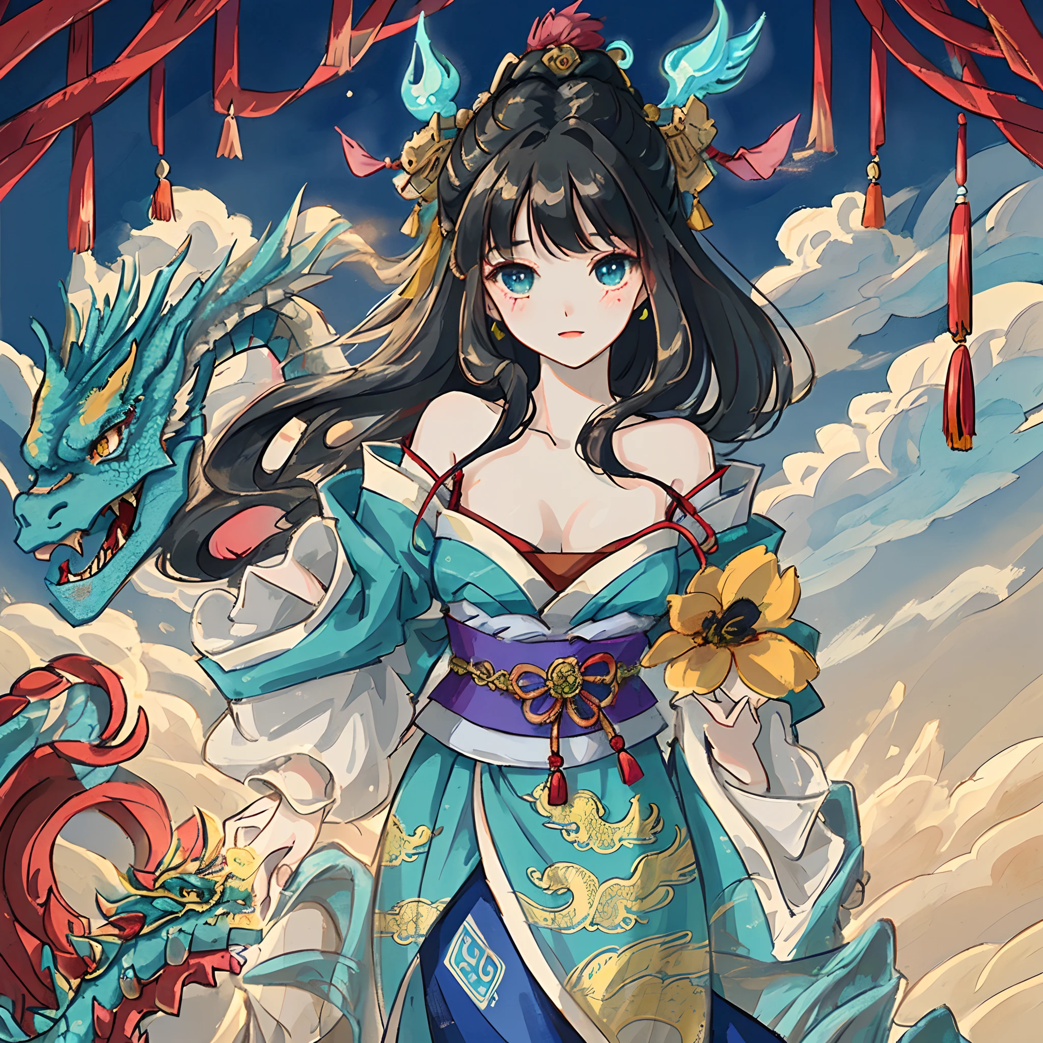 Antique style，Complex gorgeous dark blue background，Auspicious cloud cover，Red cloud，Green clouds，one-girl，Delicate blue Ming Dynasty Hanfu，Yellow dragon pattern，Chinese dragon pattern，Black hair fluttering，Hair fluttering，Exquisite facial features，Dappled light and shadow，sunshine on face，Highest image quality，A delicate CG masterpiece，teens girl