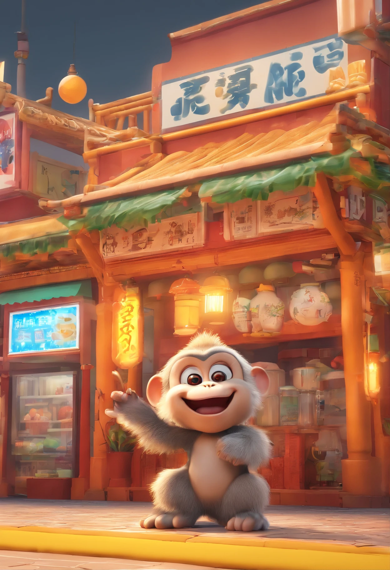 A monkey running in the bustling and popular food street is about to rush out of the picture .Bubble Mart style. The color of the screen is yellow,orange,and gray.Harmony and richness.Detailed scene and IP design with Shanghai style and 3D style. --ar 4:3