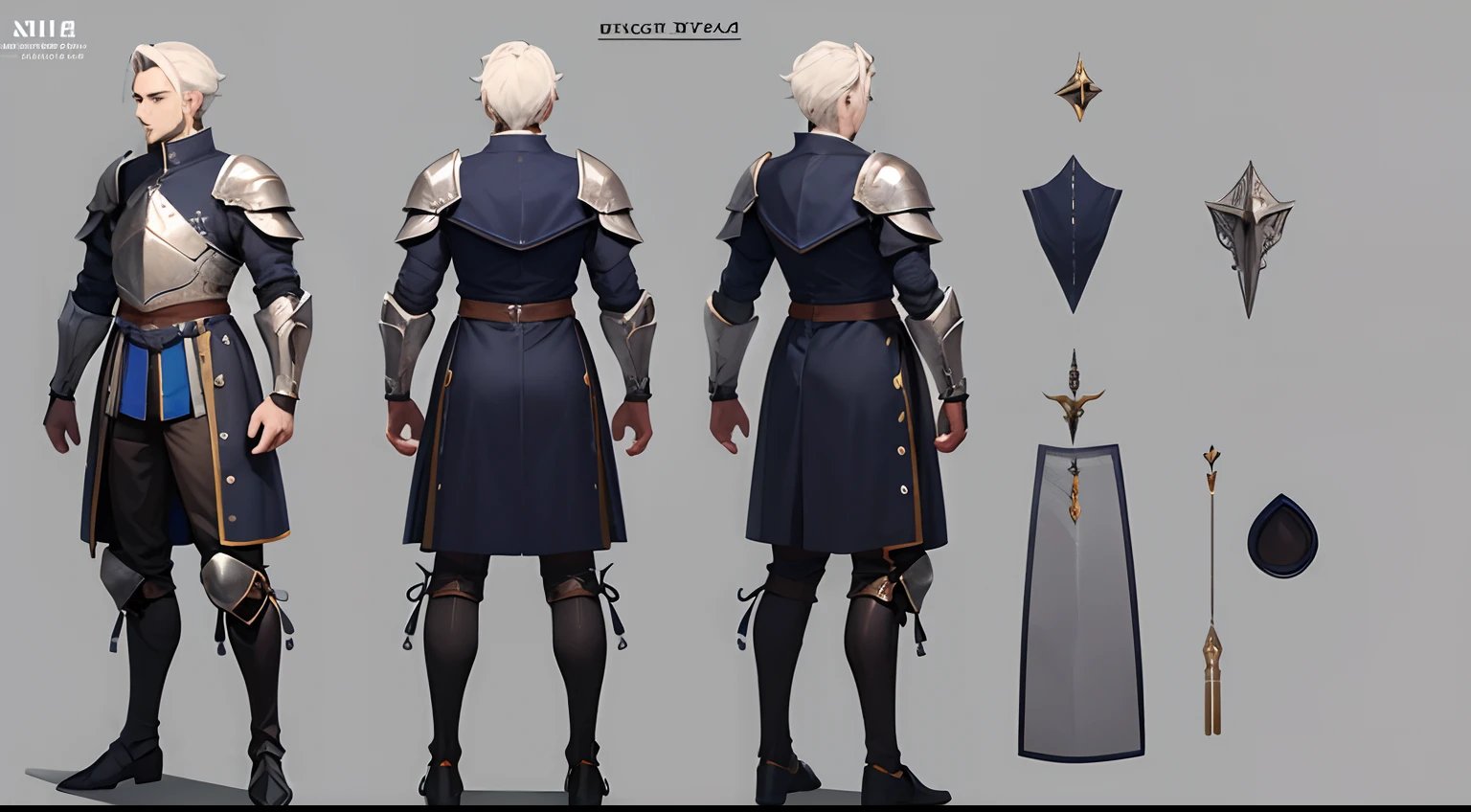 Character sheet, male, knight, full body, medieval armor, medieval, 3/4 angle front view, 3/4 angle back view, highly detailed, 8k, 4k, high resolution, detailed face