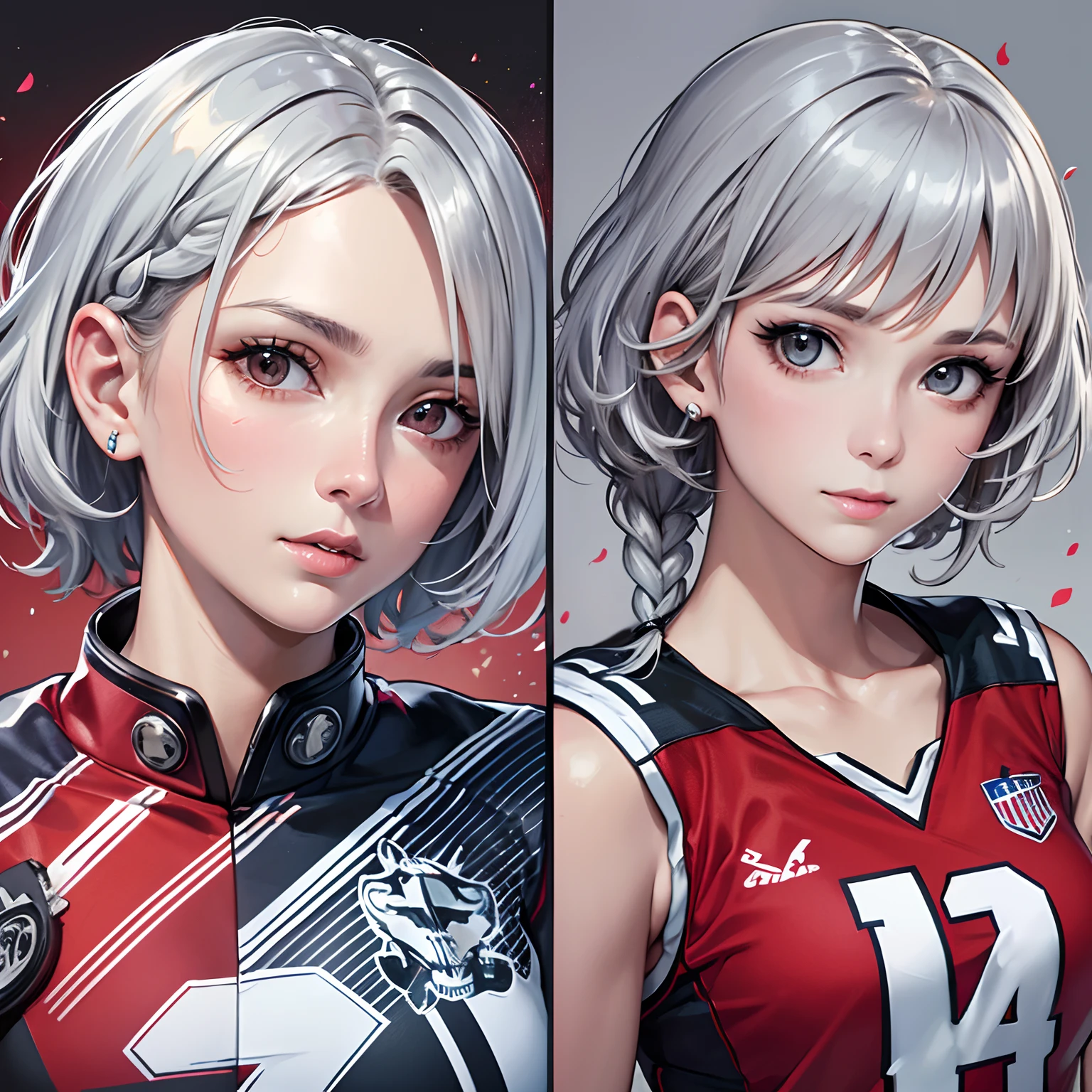 ​masterpiece、High-quality images、top-quality、hight resolution、8K、1womanl、the detail、Photorealsitic、skin gloss、full bodyesbian、Lustrous hair、short silver hair、Braided hair、Detailed eye depiction、American Football Uniforms、boyish