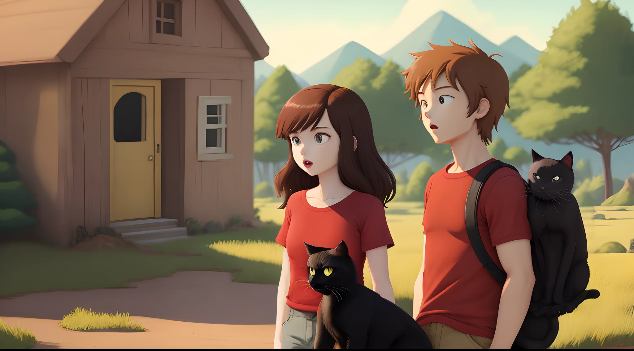 Brown hair red shirt, land of ooo, with black cat, adventure time