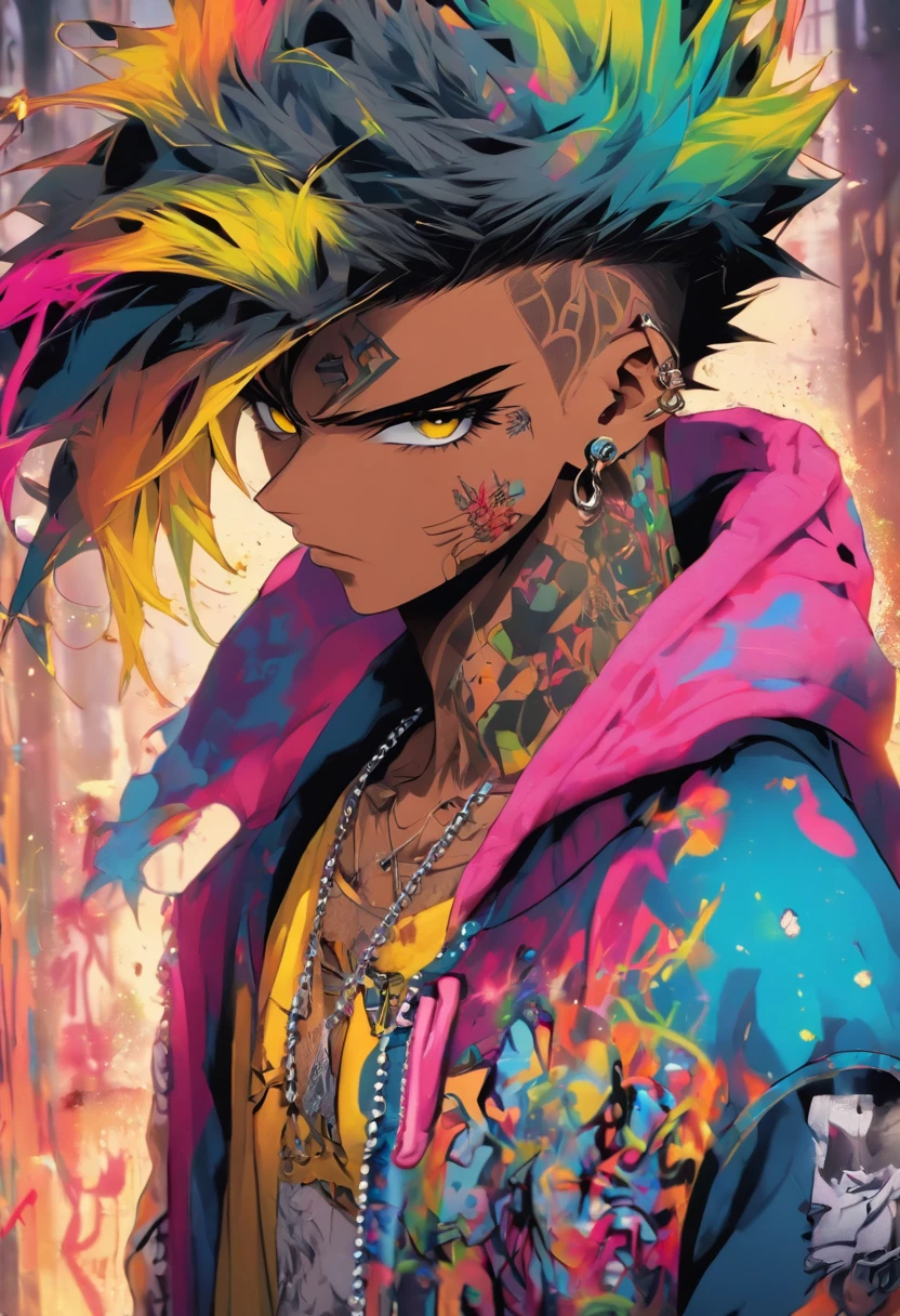 A cool and trendy male, standing pose, rainbow colored hair, yellow eyes, wearing trendy hip hop clothing, wearing a hoodie, graphic t-shirt and torn jeans, tons of tattoos and piercings, graffiti style background, highly detailed background, perfect masterpiece, high quality, high resolution.