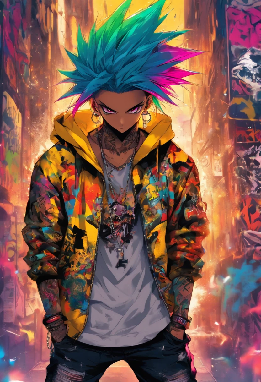 A cool and trendy male, standing pose, rainbow colored hair, yellow eyes, wearing trendy hip hop clothing, wearing a hoodie, graphic t-shirt and torn jeans, tons of tattoos and piercings, graffiti style background, highly detailed background, perfect masterpiece, high quality, high resolution.