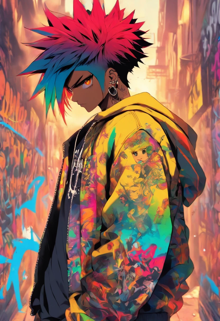 A cool and trendy male, standing pose, rainbow colored hair, yellow eyes, wearing trendy hip hop clothing, wearing a hoodie, graphic t-shirt and torn jeans, tons of tattoos and piercings, graffiti style background, highly detailed background, perfect masterpiece, high quality, high resolution.