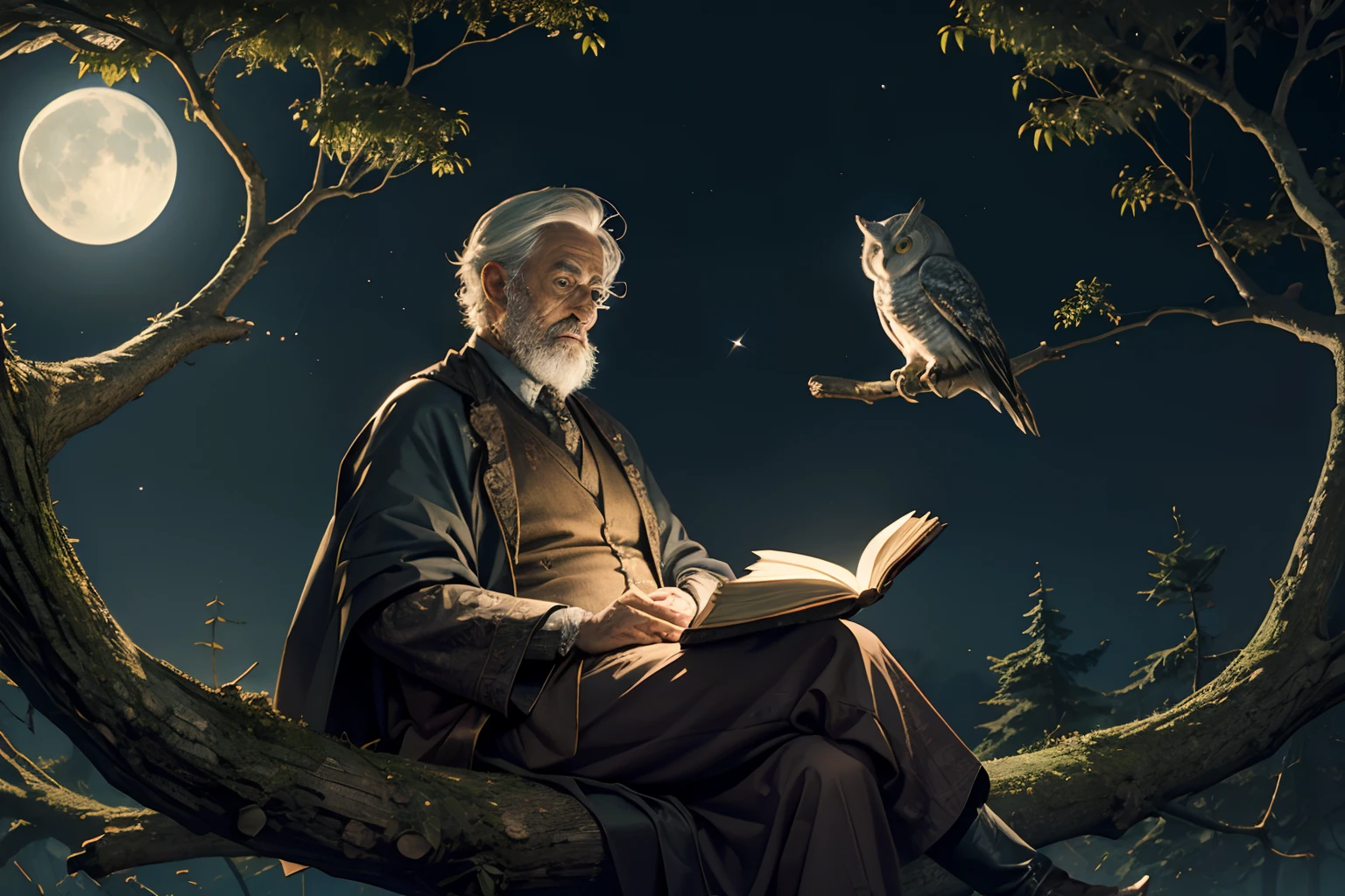 Moon in the sky, an owl perched in a branch, an old man dressed like a magician holding an ancient book, he's looking at the owl. Inspired by Junji Ito, highly detailed.